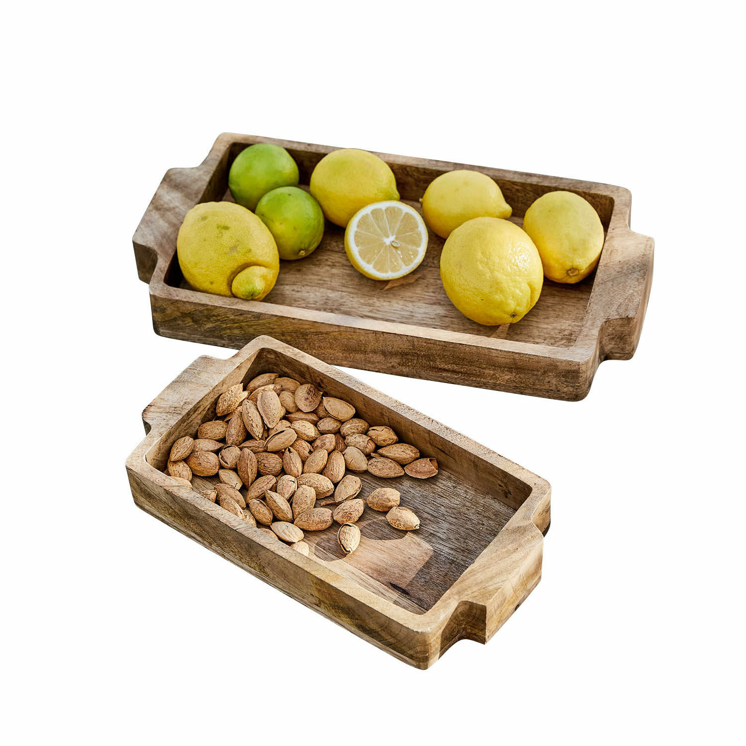Coppia di vassoi Buer Vassoi rettangolari in legno con manici, uno con limoni, l'altro con mandorle, colore naturale