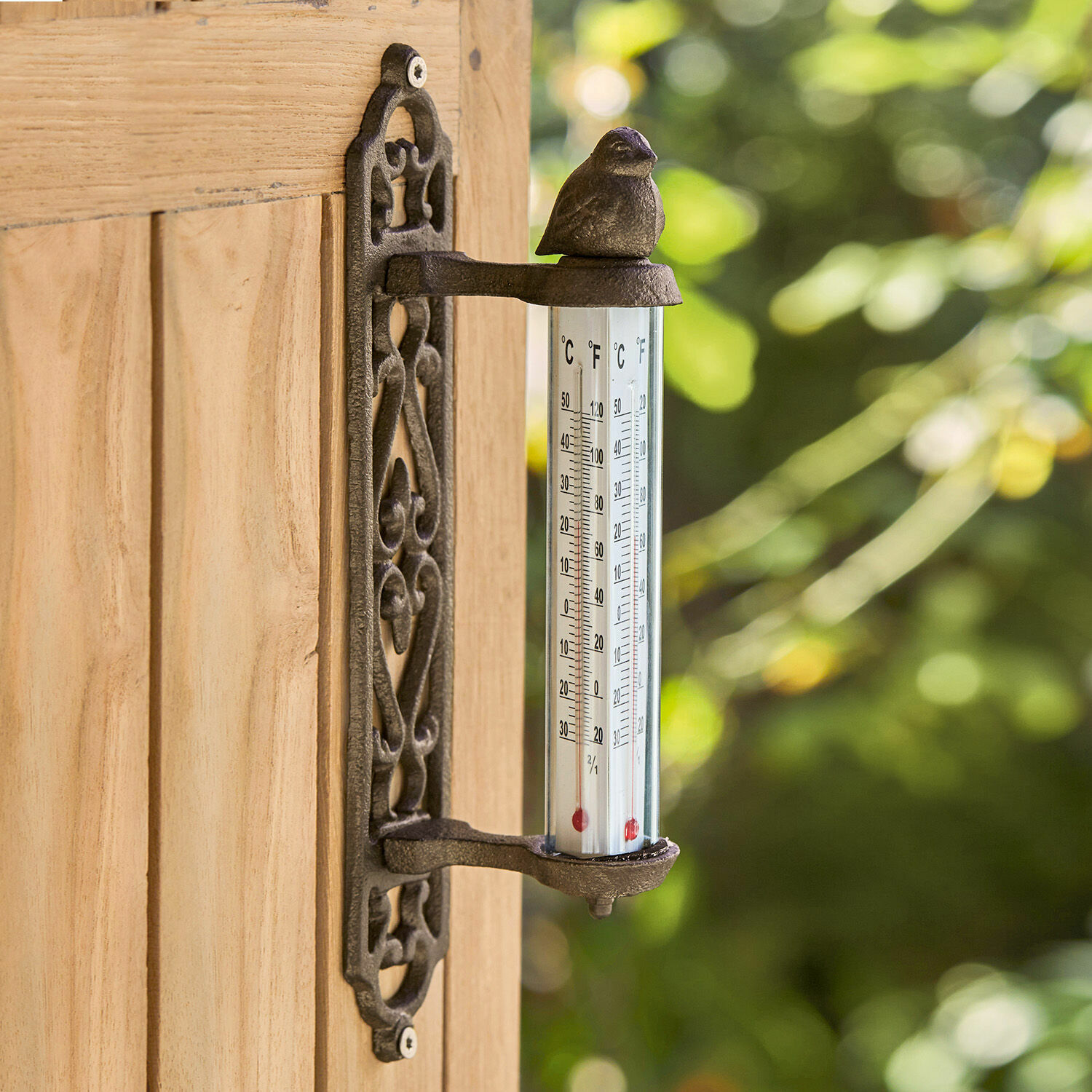 Termometro Binyamin Termometro decorativo in ghisa nera con uccellino, montato su porta in legno, per giardino