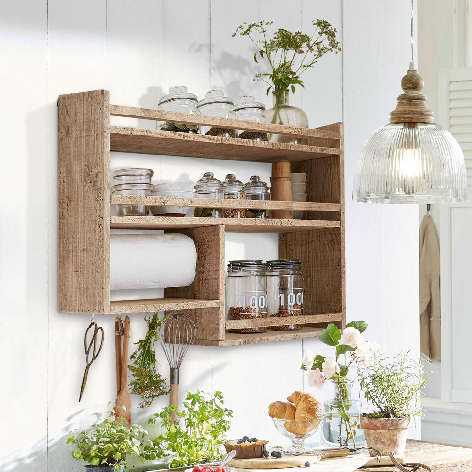 Portaspezie da parete Loré Mensola da parete rustica in legno con spazio per spezie e porta rotolo da cucina