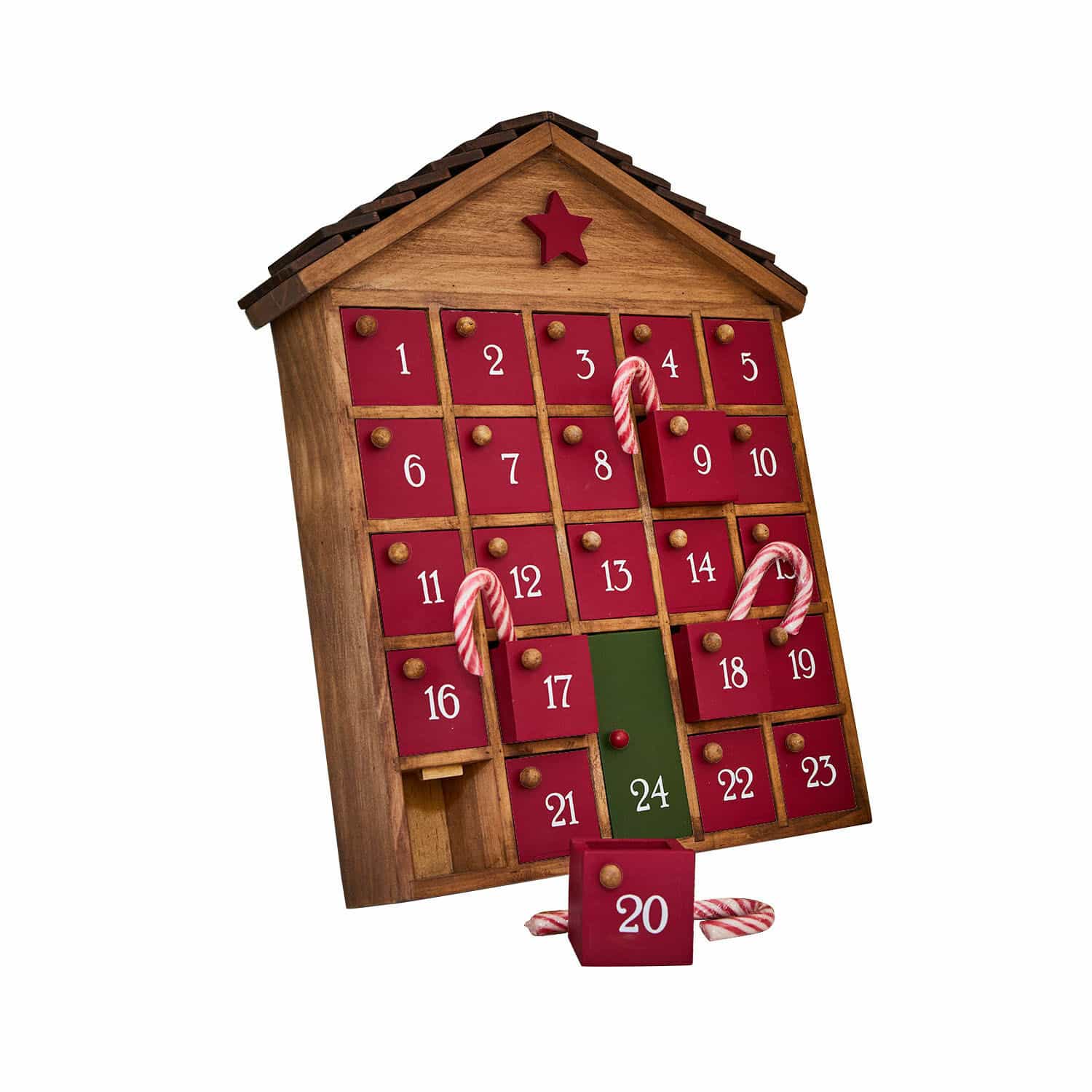 Calendario dell'Avvento Zanari Calendario dell'Avvento in legno a forma di casa con sportelli rossi e porta verde numero 24