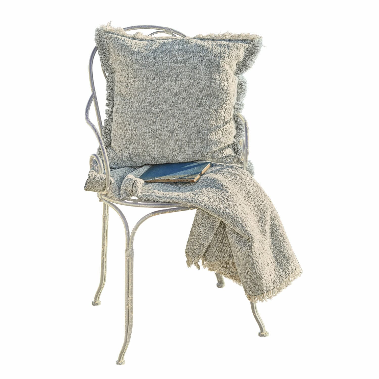 Sedia Aube Sedia in metallo bianco con cuscino grigio e coperta in tessuto morbido per il relax domestico