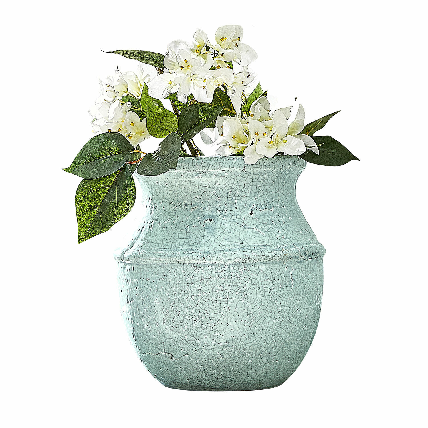 Vaso Rosamonde Vaso in ceramica verde menta con fiori bianchi e foglie verdi per decorazione d'interni
