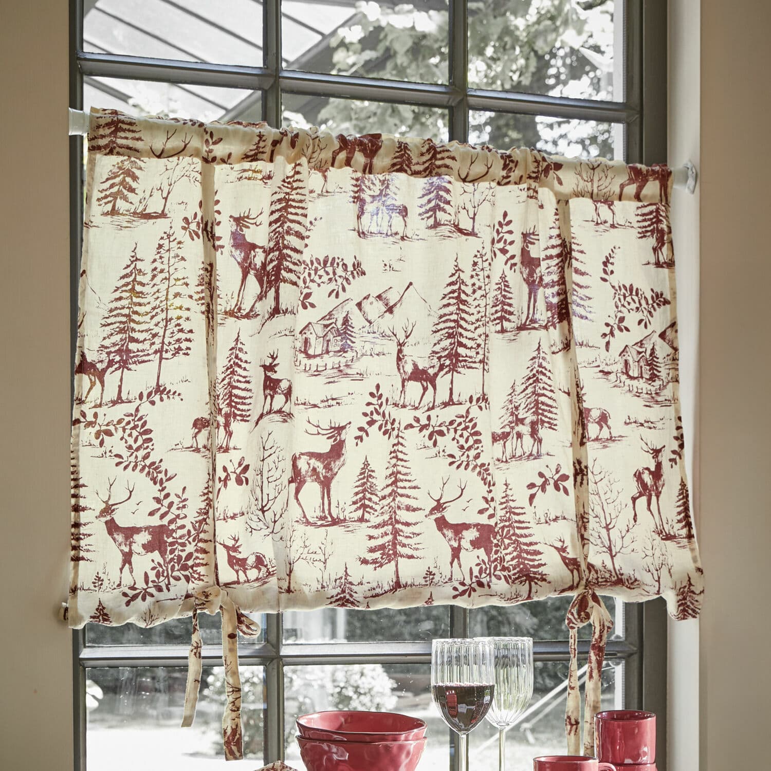 Tendina a vetro Sundraen Tenda in cotone color crema con stampa rossa di cervi e alberi, decorazione rustica per finestra cucina