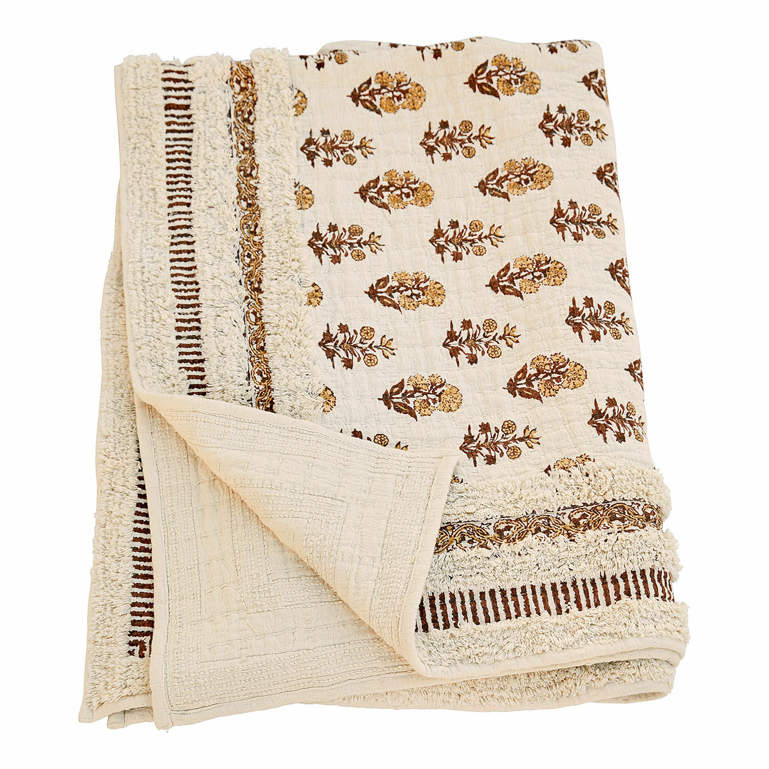 Plaid Arsalan Coperta in cotone crema con motivo floreale marrone e frange decorative, tessile per la casa