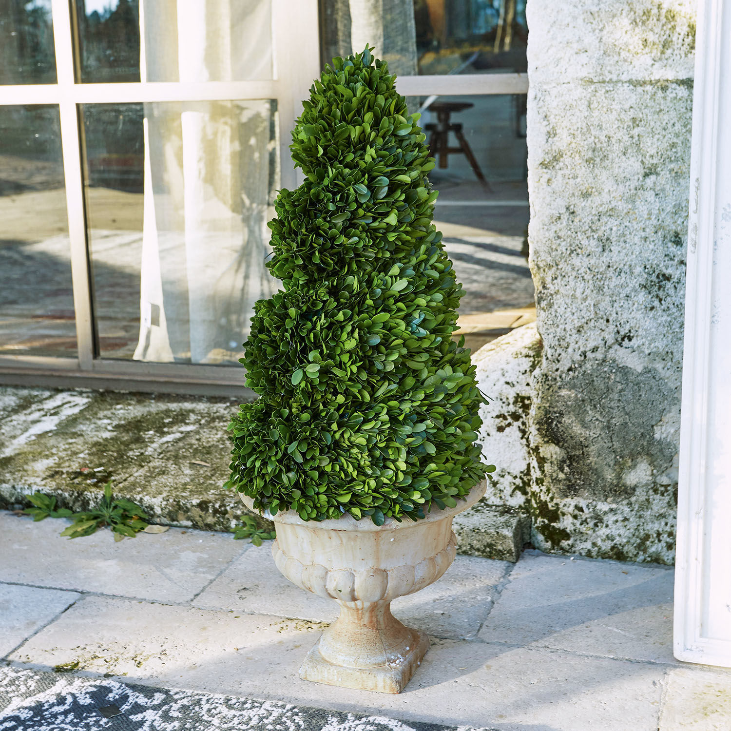 Albero decorativo Humbria Bosso artificiale verde in vaso di ceramica crema su terrazza, decorazione da giardino