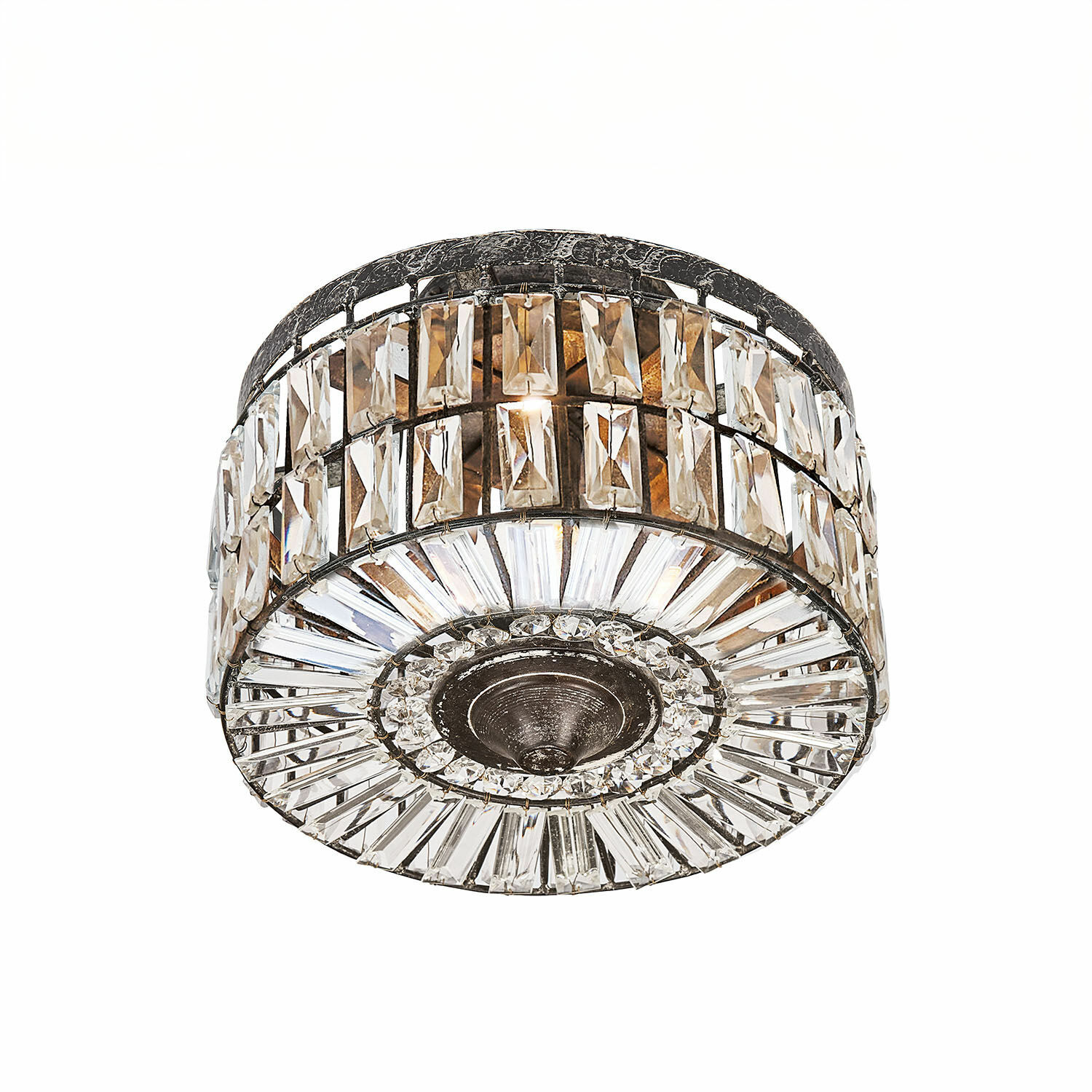 Plafoniera Hutton Lampada da soffitto rotonda in metallo nero e cristalli trasparenti, lampada decorativa