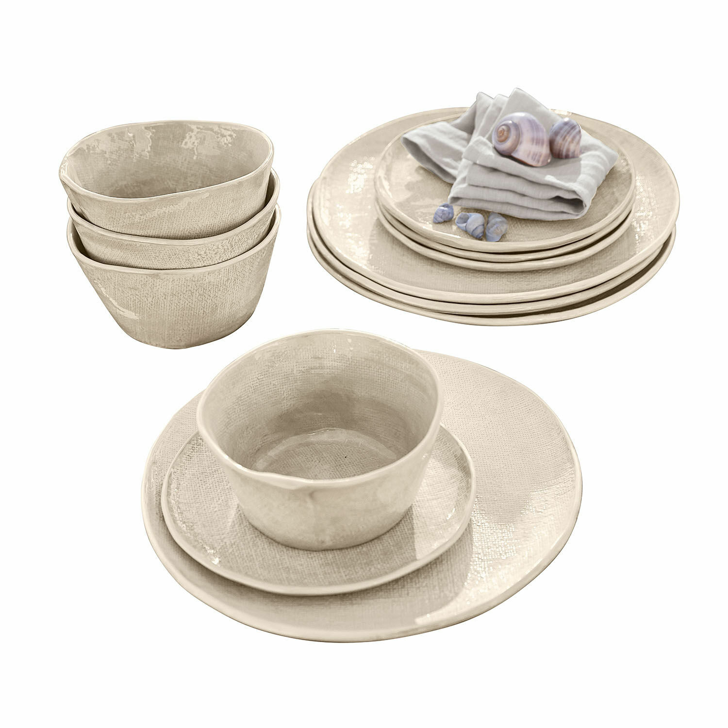 Servizio di 12 stoviglie Luganville Set di stoviglie in ceramica beige con piatti e ciotole dalla texture rustica per la tavola
