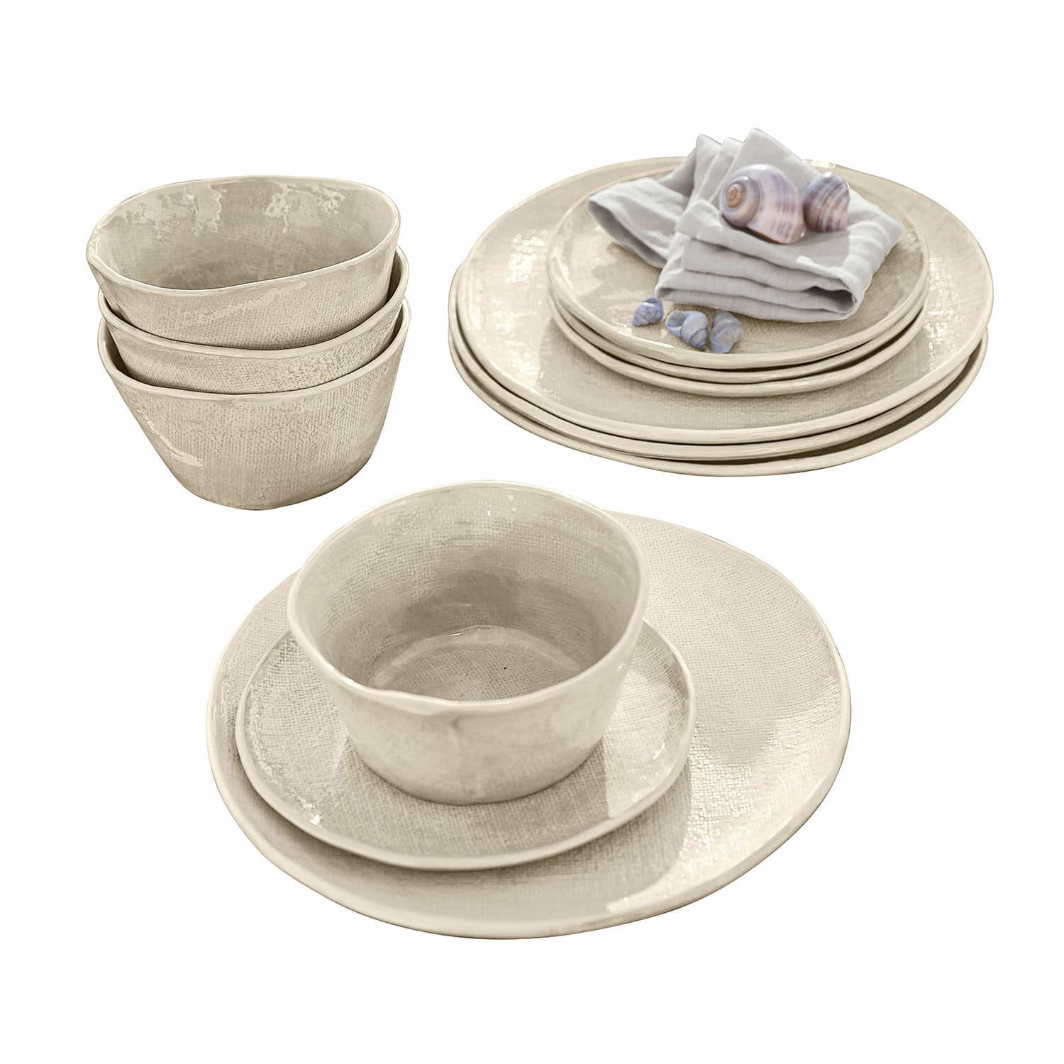 Servizio di 12 stoviglie Luganville Set di stoviglie in ceramica beige con piatti e ciotole dalla texture rustica per la tavola