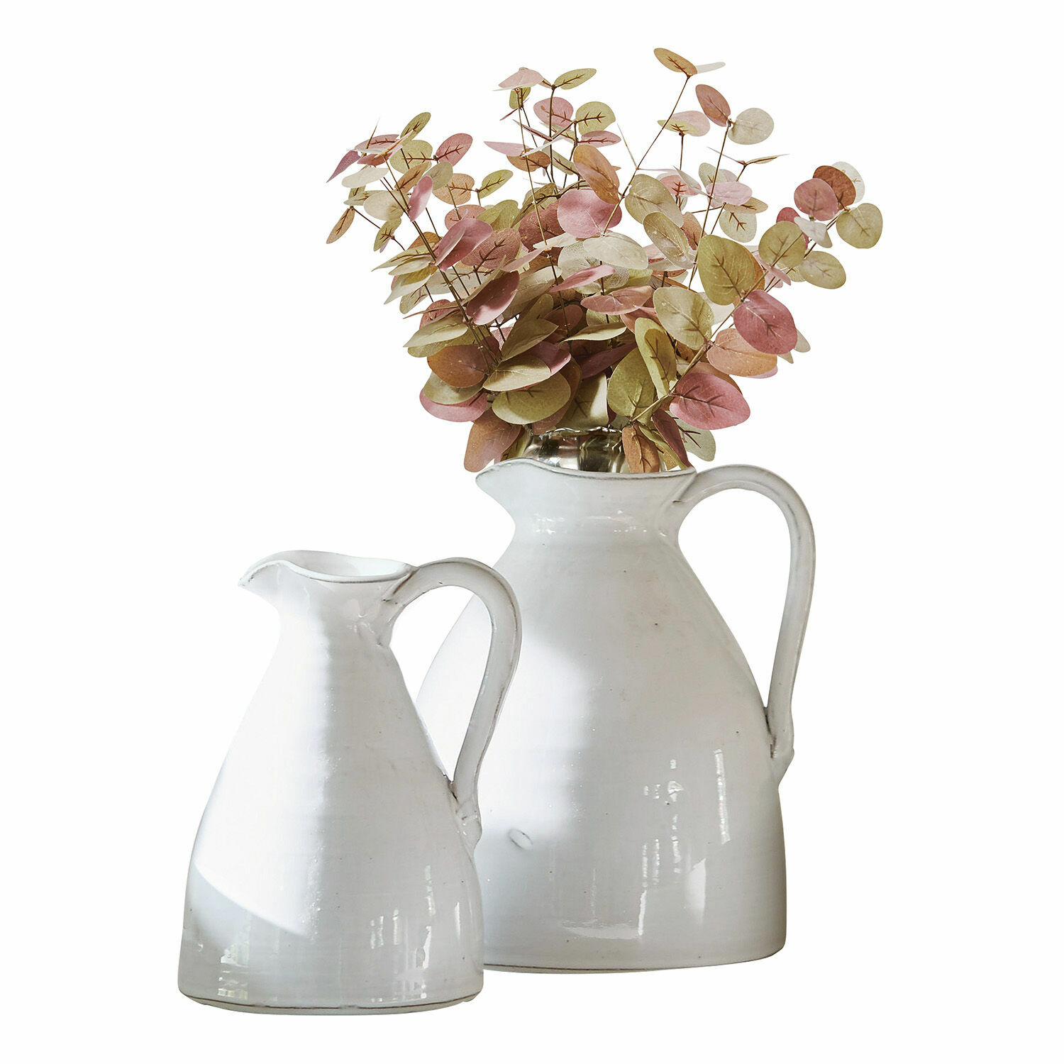 Coppia di vasi Yarick Set di due brocche decorative in ceramica bianca con foglie rosa-verdi, stile rustico