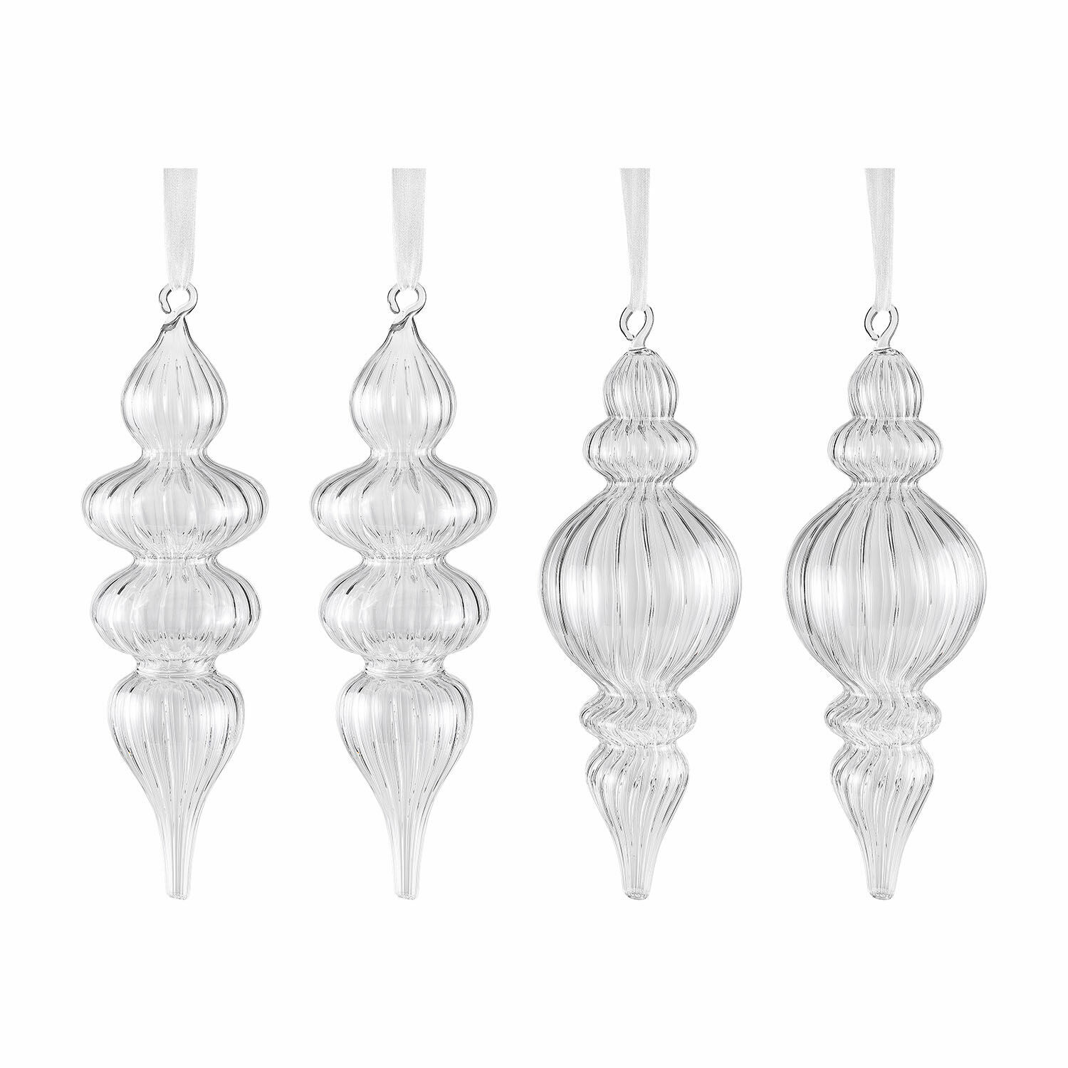 Set di 4 decorazioni natalizie Diorise Set di quattro decorazioni natalizie in vetro trasparente con nastri bianchi per appendere