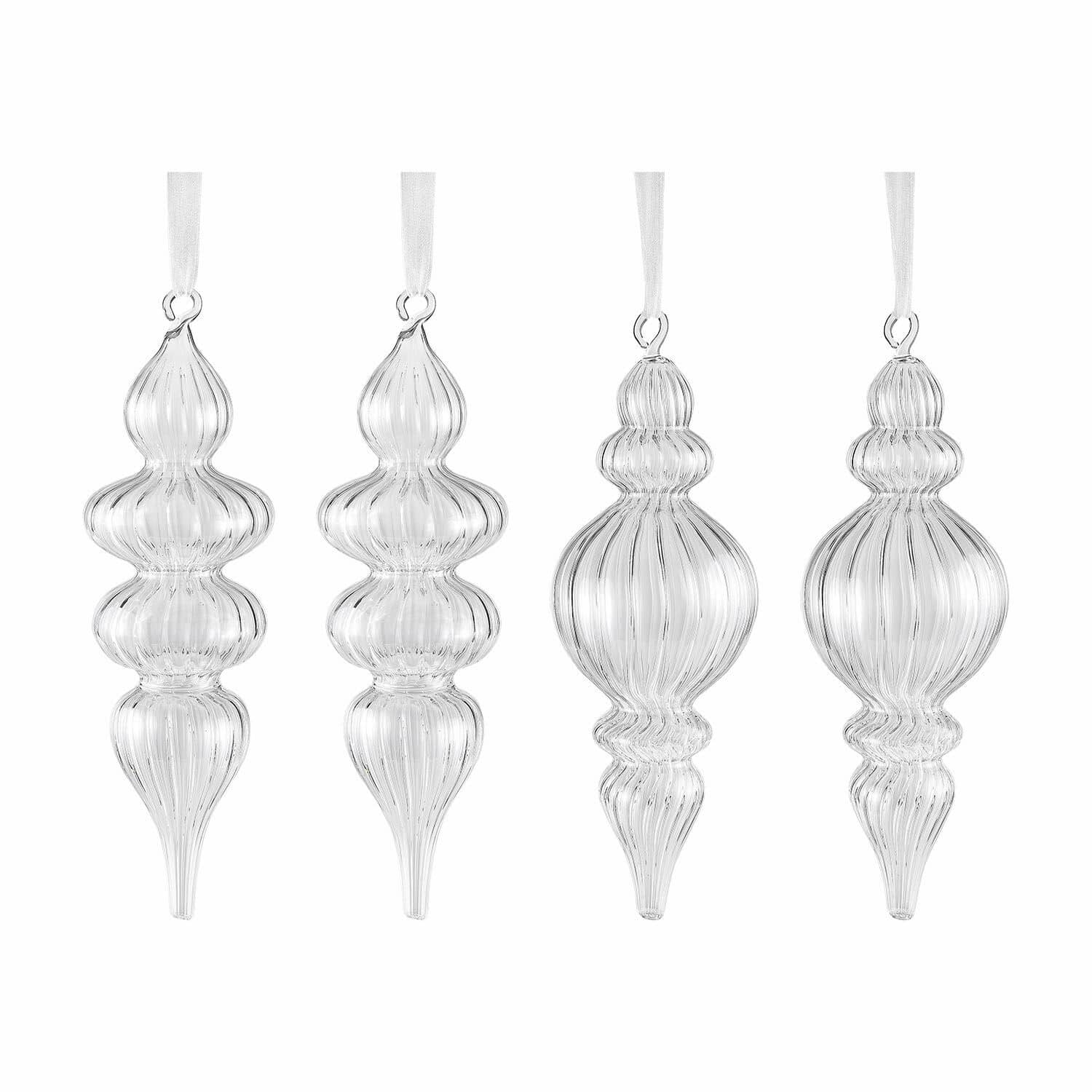 Set di 4 decorazioni natalizie Diorise Set di quattro decorazioni natalizie in vetro trasparente con nastri bianchi per appendere