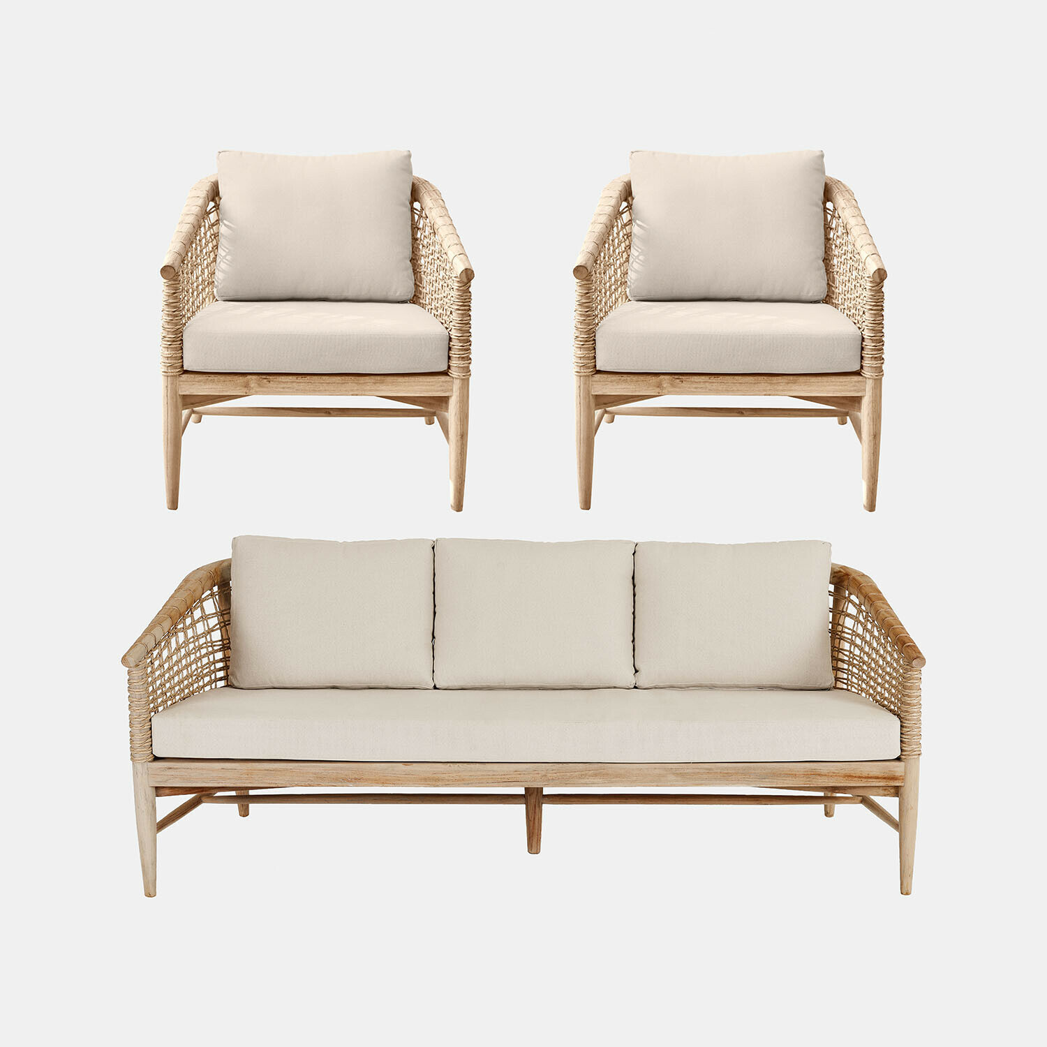Set divano e poltrone Roselva Set di mobili in legno con cuscini beige, divano a tre posti e due poltrone comode