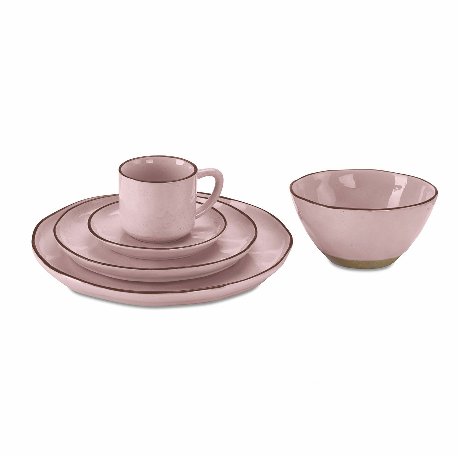 Set di 30 stoviglie Biarré Set di ceramica rosa con tazza, piatti e ciotola con bordo marrone delicato