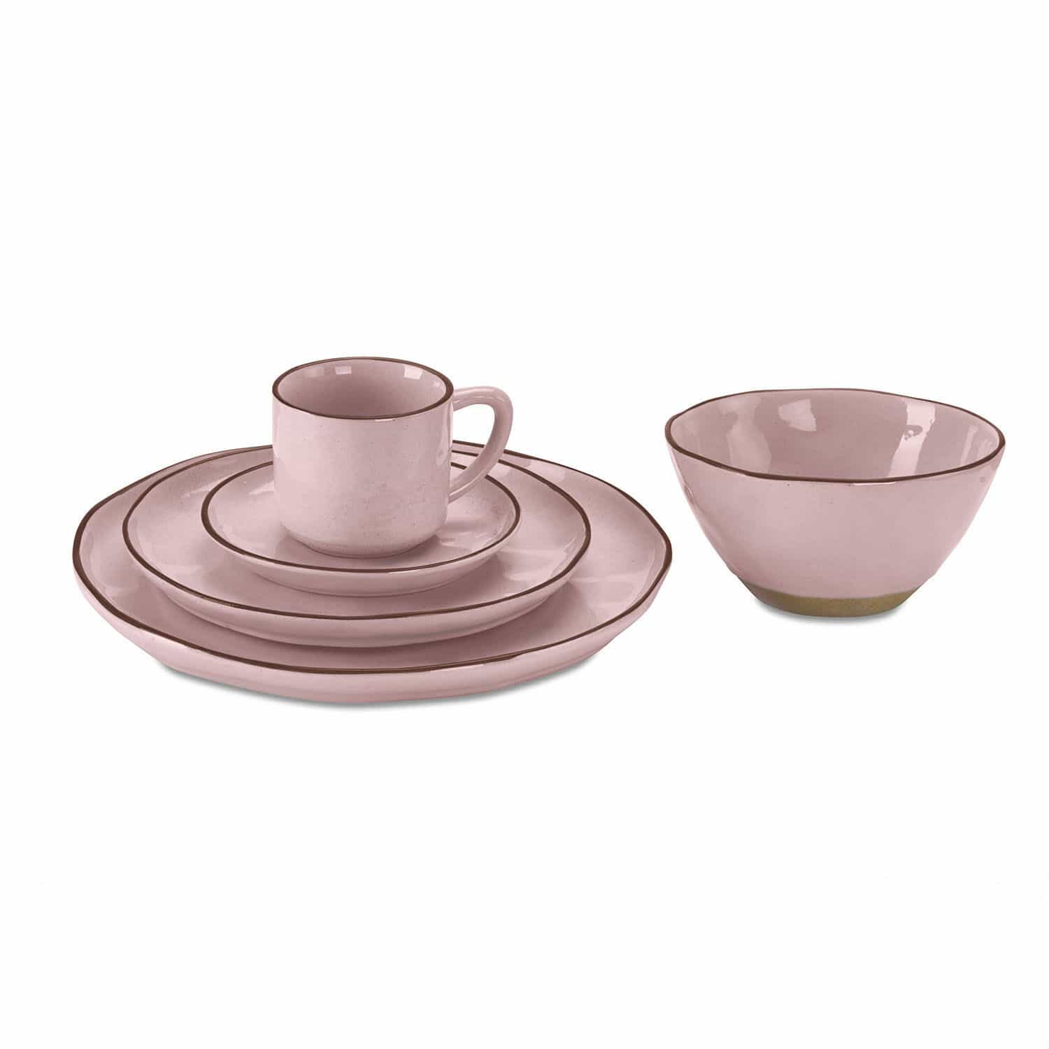 Set di 30 stoviglie Biarré Set di ceramica rosa con tazza, piatti e ciotola con bordo marrone delicato