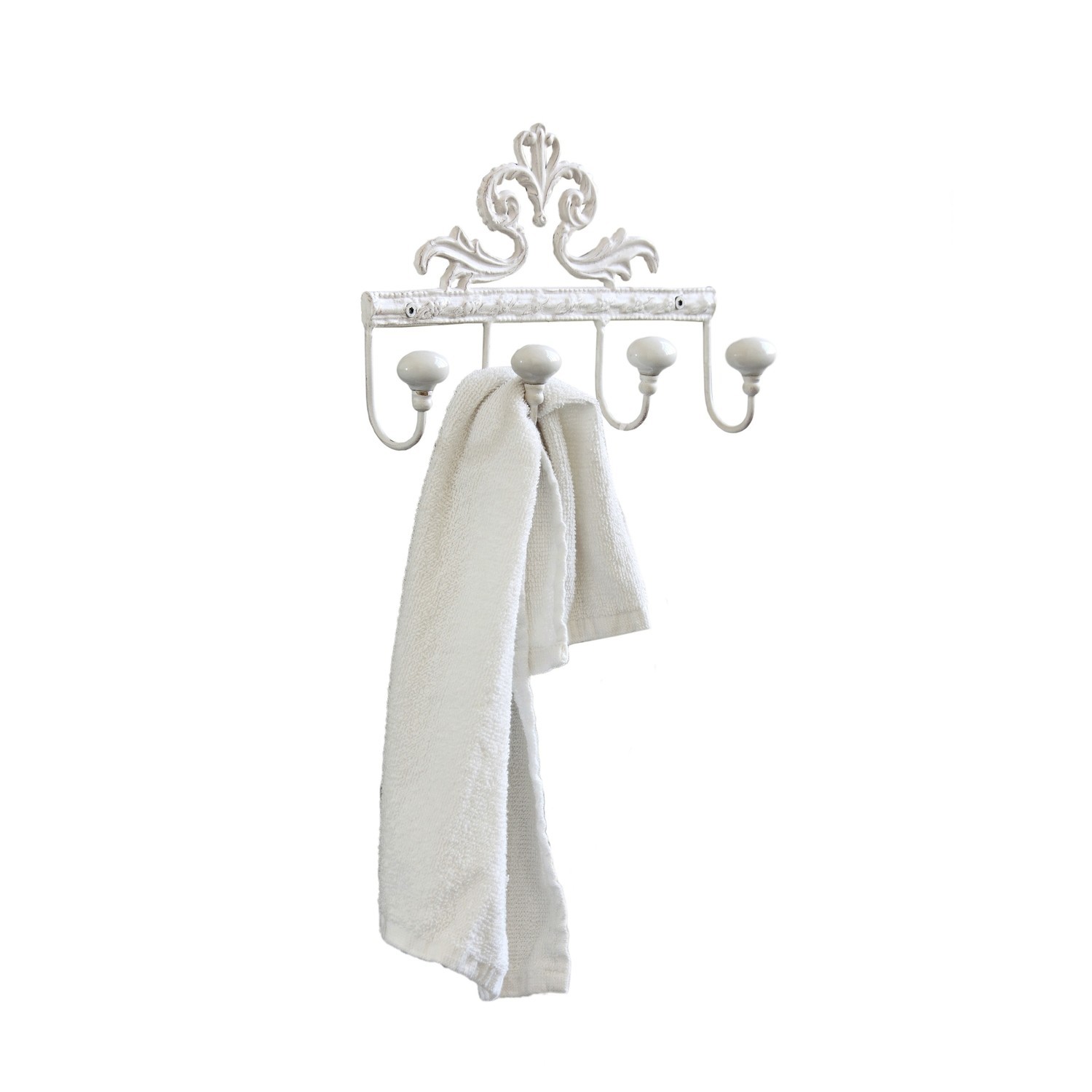 Appendino con ganci Cher Appendiabiti da parete bianco in metallo con cinque ganci e motivo decorativo per bagno