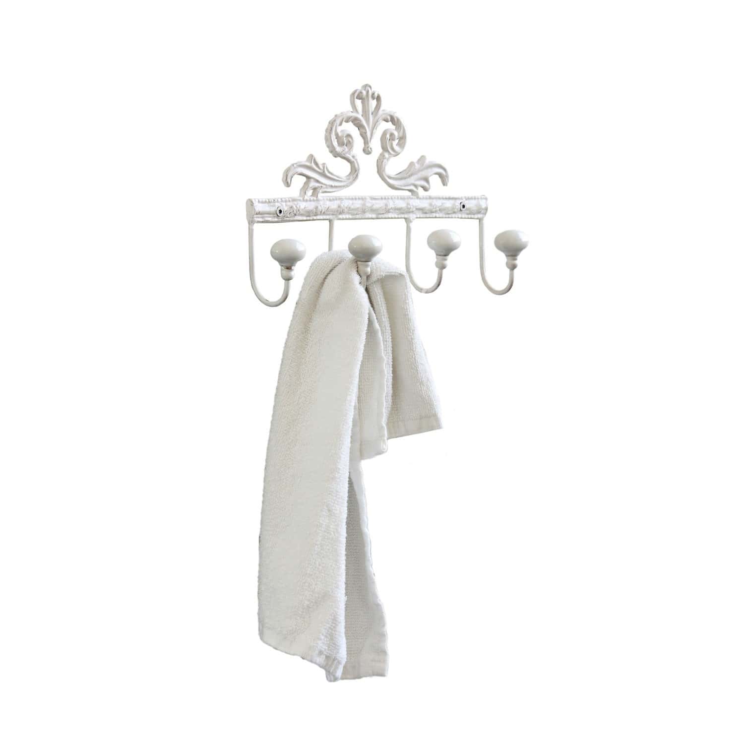 Appendino con ganci Cher Appendiabiti da parete bianco in metallo con cinque ganci e motivo decorativo per bagno