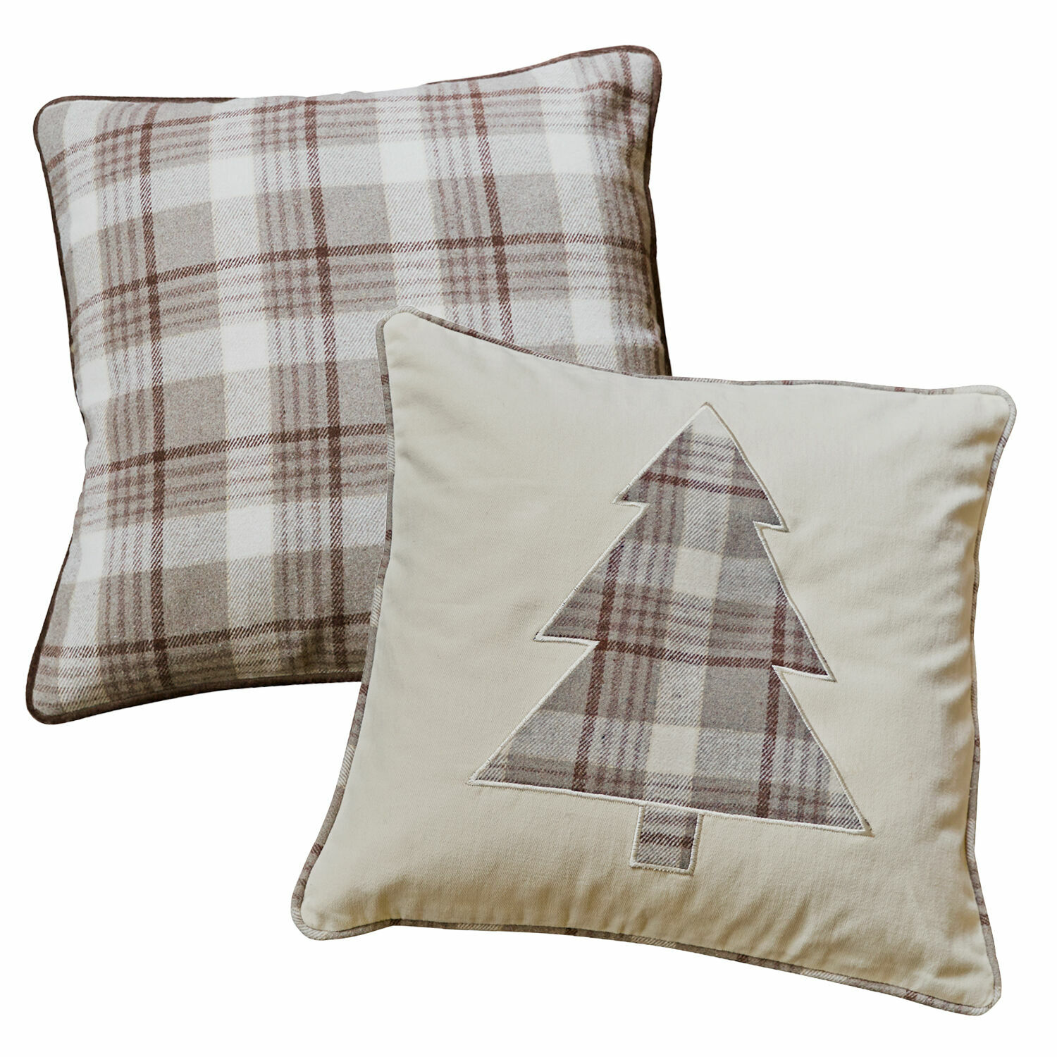 Coppia di copricuscini Ersac Set di due cuscini decorativi in cotone beige e marrone a quadri con motivo albero di Natale