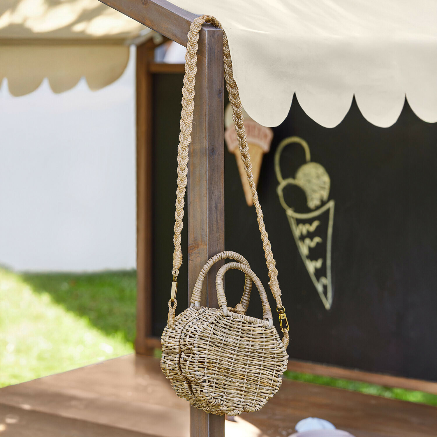 Borsa per bambini Jibboo Borsa rotonda in vimini naturale con tracolla intrecciata lunga, stile boho
