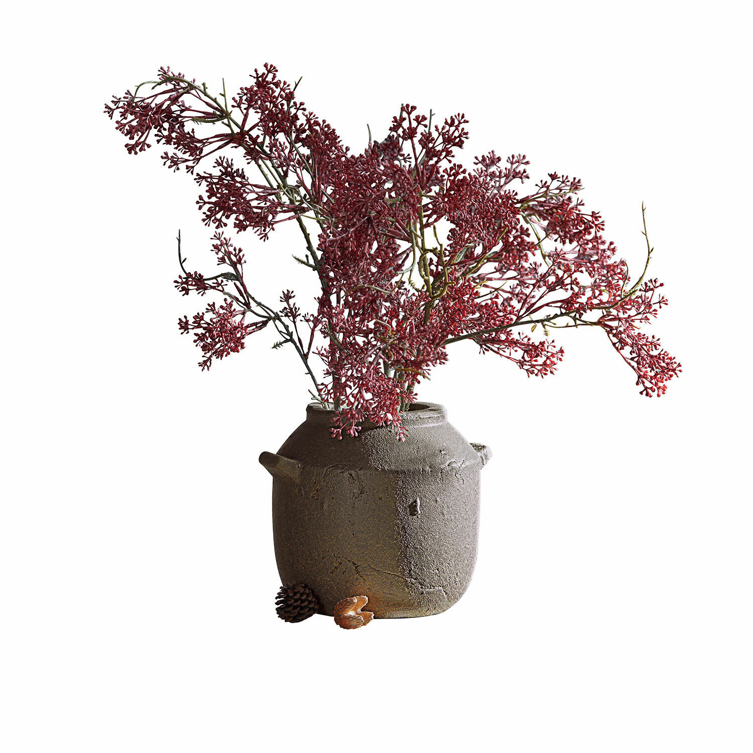 Vaso Saintevoux Vaso rustico in ceramica grigia con rami decorativi rossi e pigna decorativa accanto