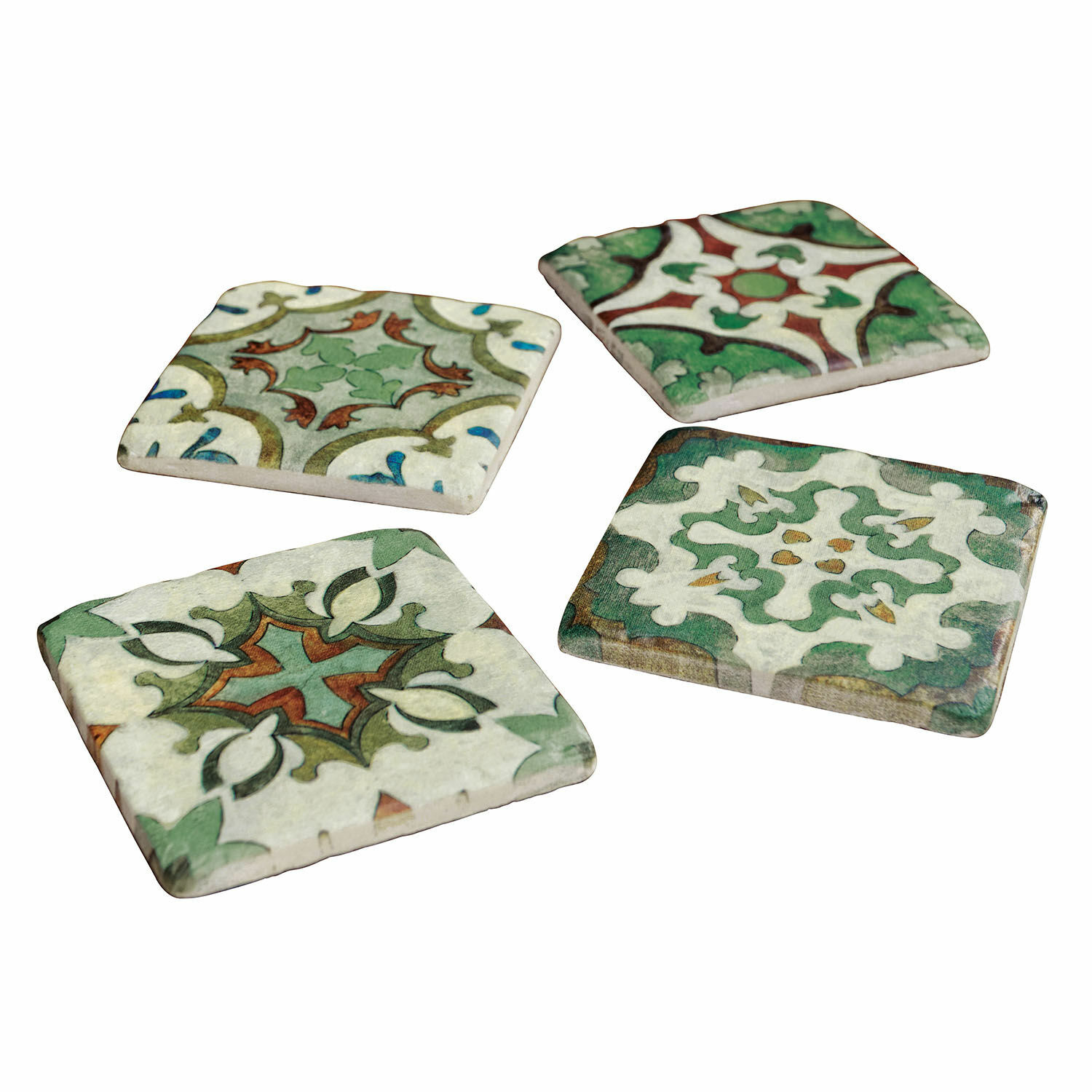 Set di 4 sottobicchieri Angeot Set di quattro sottobicchieri in ceramica con motivi verdi e rossi, accessori decorativi per la casa
