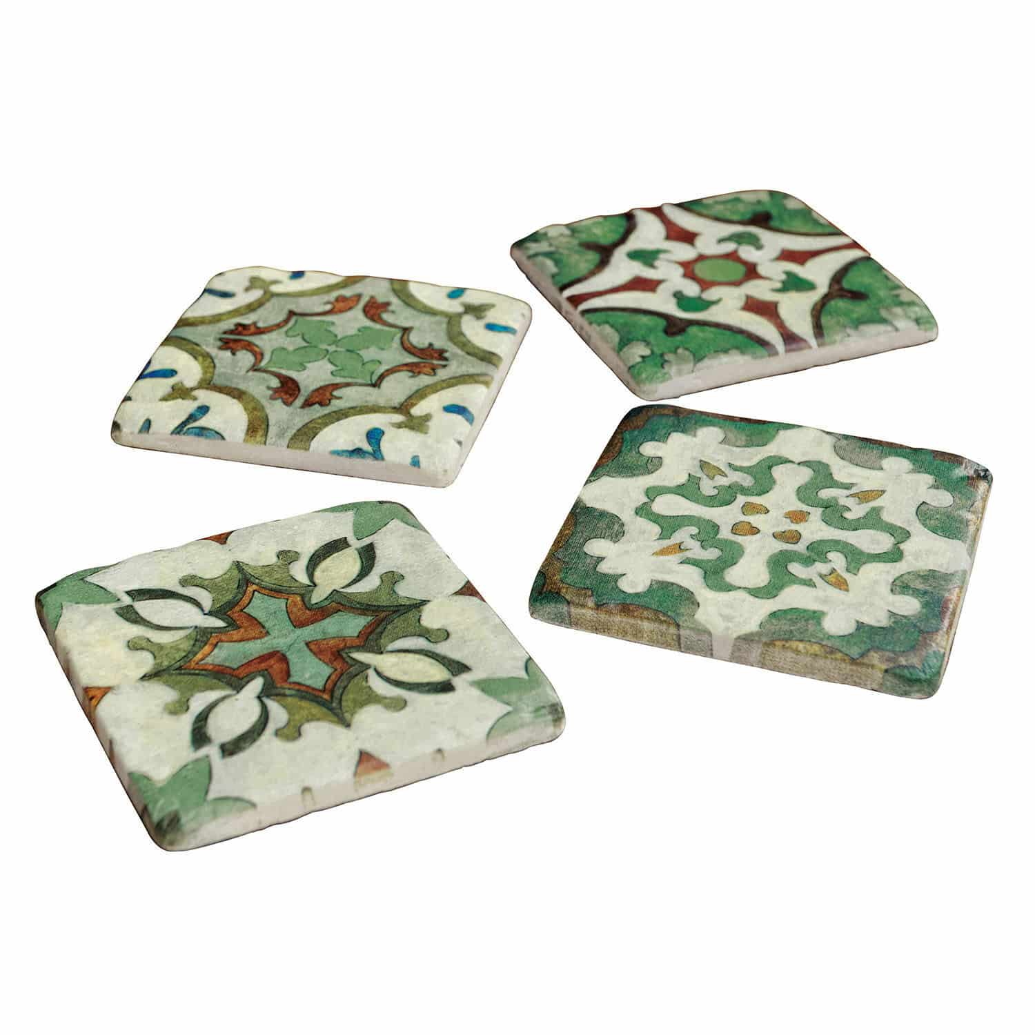 Set di 4 sottobicchieri Angeot Set di quattro sottobicchieri in ceramica con motivi verdi e rossi, accessori decorativi per la casa