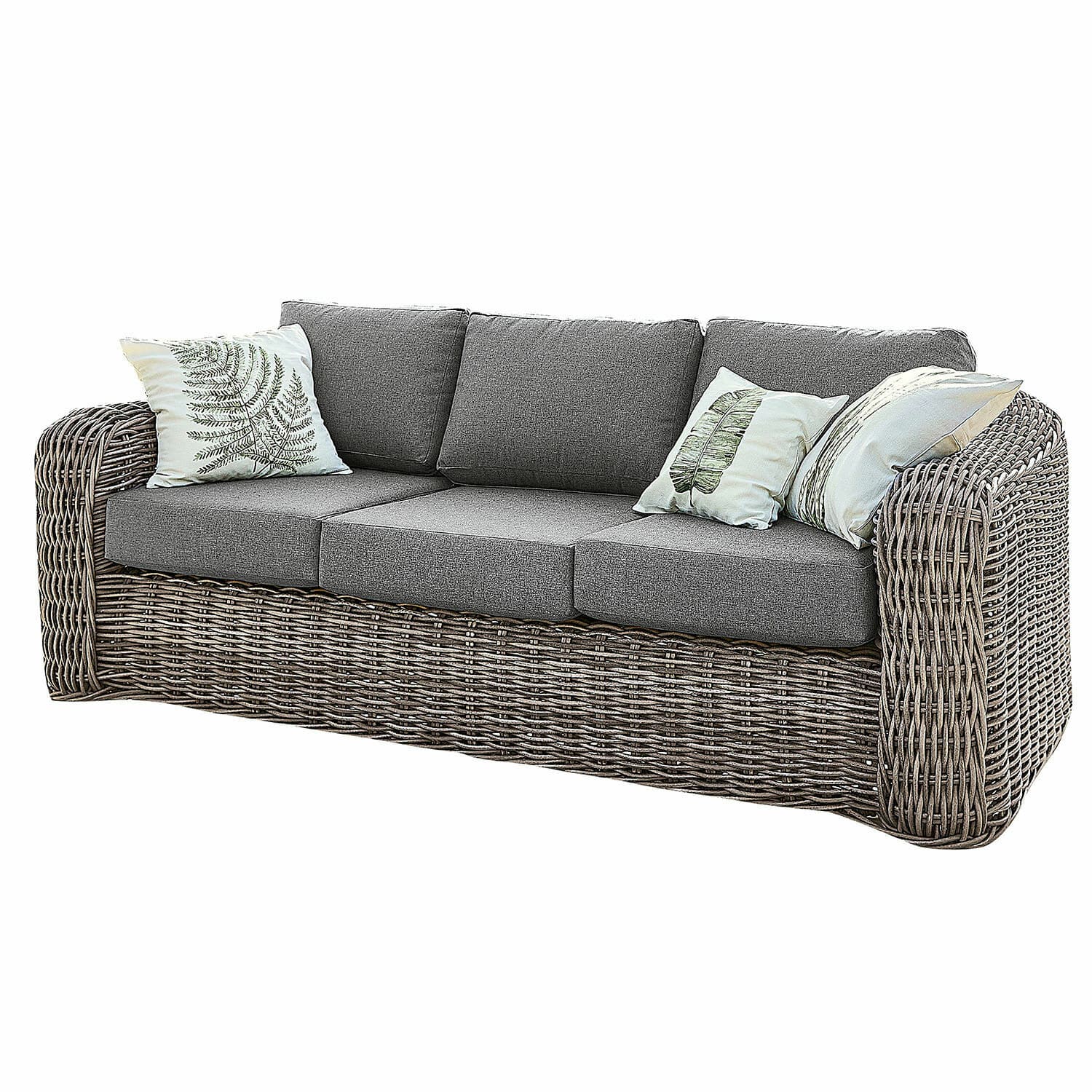 Divano Upminster Divano in rattan con cuscini grigi e cuscini decorativi con motivo foglia, mobile confortevole