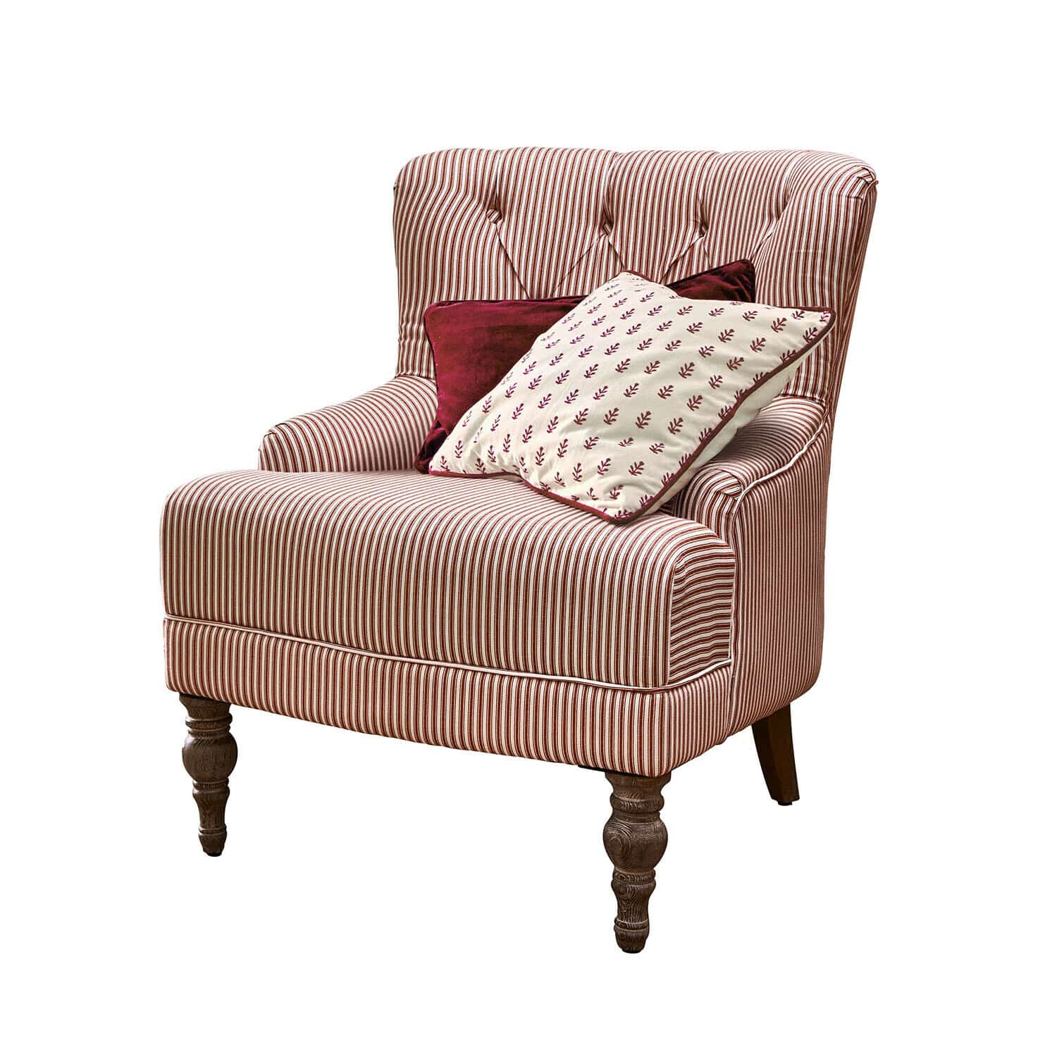 Poltrona Amuran Poltrona a righe in tessuto rosso e bianco con gambe in legno e due cuscini decorativi