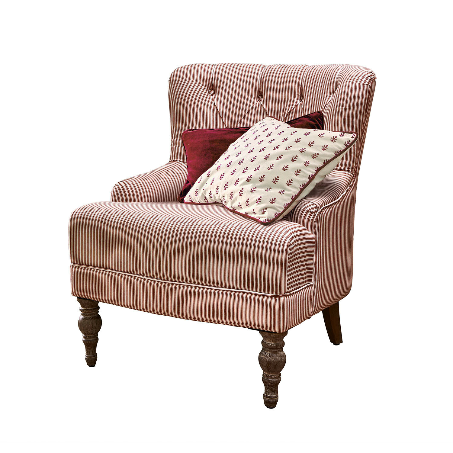 Poltrona Amuran Poltrona a righe in tessuto rosso e bianco con gambe in legno e due cuscini decorativi