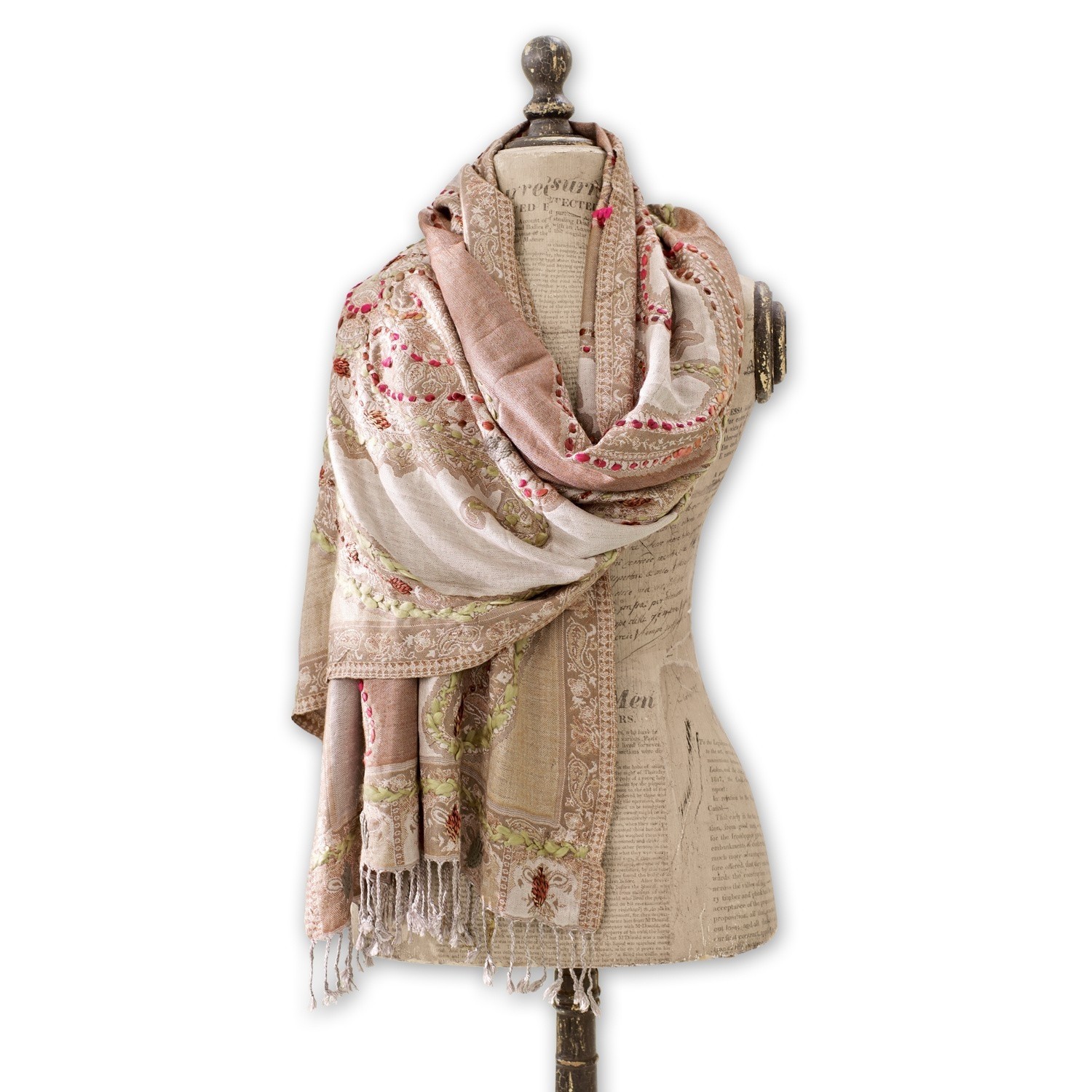 Scialle Linou Sciarpa beige con motivo paisley e frange, tessuto morbido, accessorio alla moda