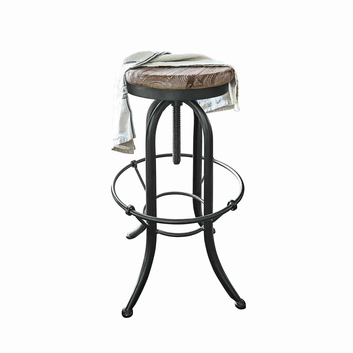 Sgabello Cambria Sgabello da bar industriale con base in metallo nero e seduta in legno con tessuto