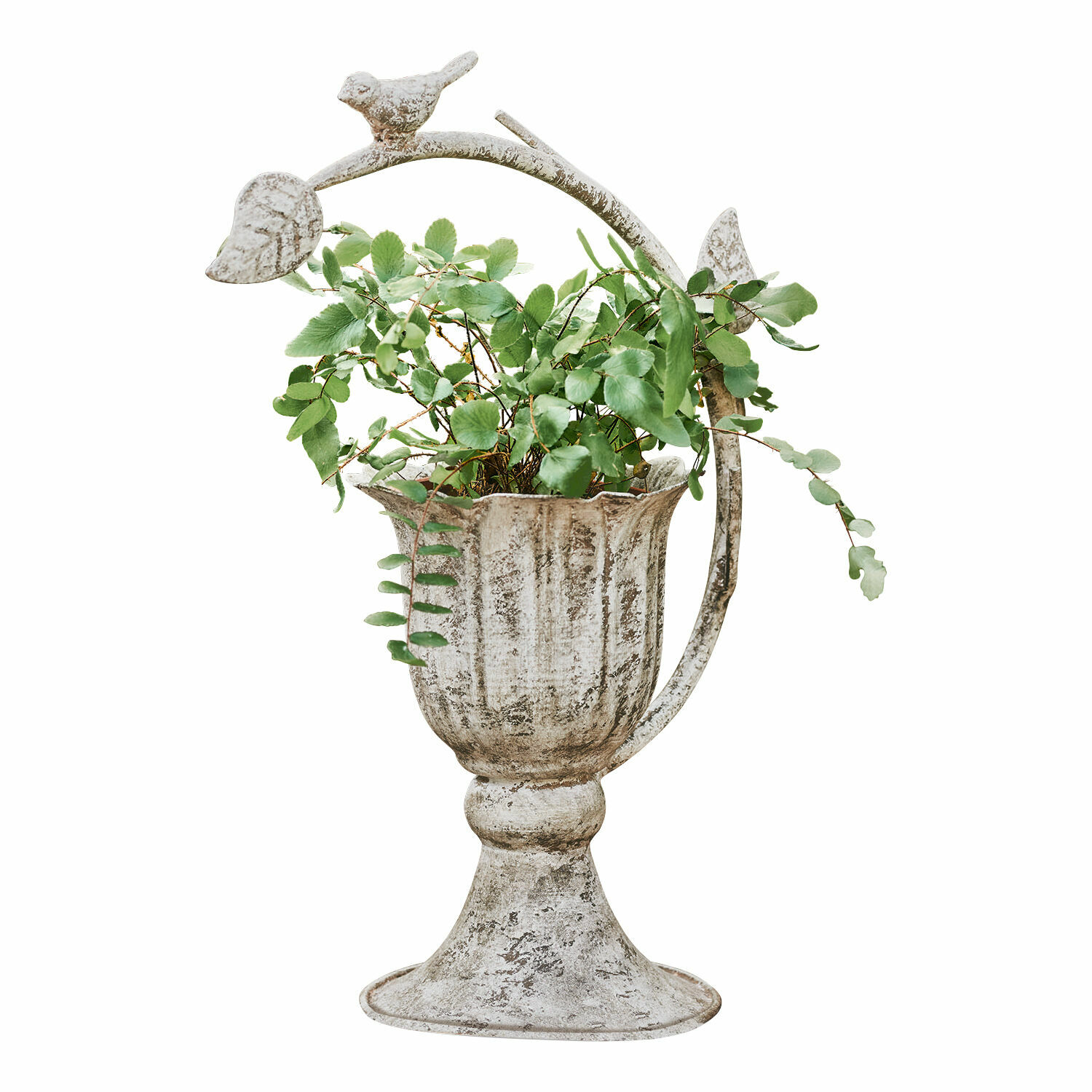 Portavasi Laria Vaso decorativo in metallo bianco invecchiato con foglie verdi e ornamenti a forma di uccello