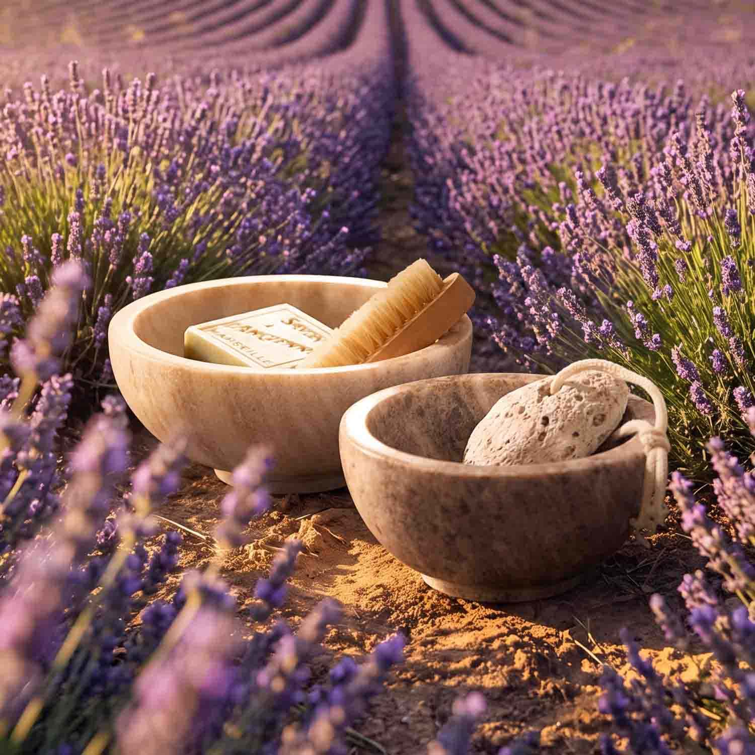 Due ciotole in marmo con accessori da bagno naturali davanti a un campo di lavanda viola