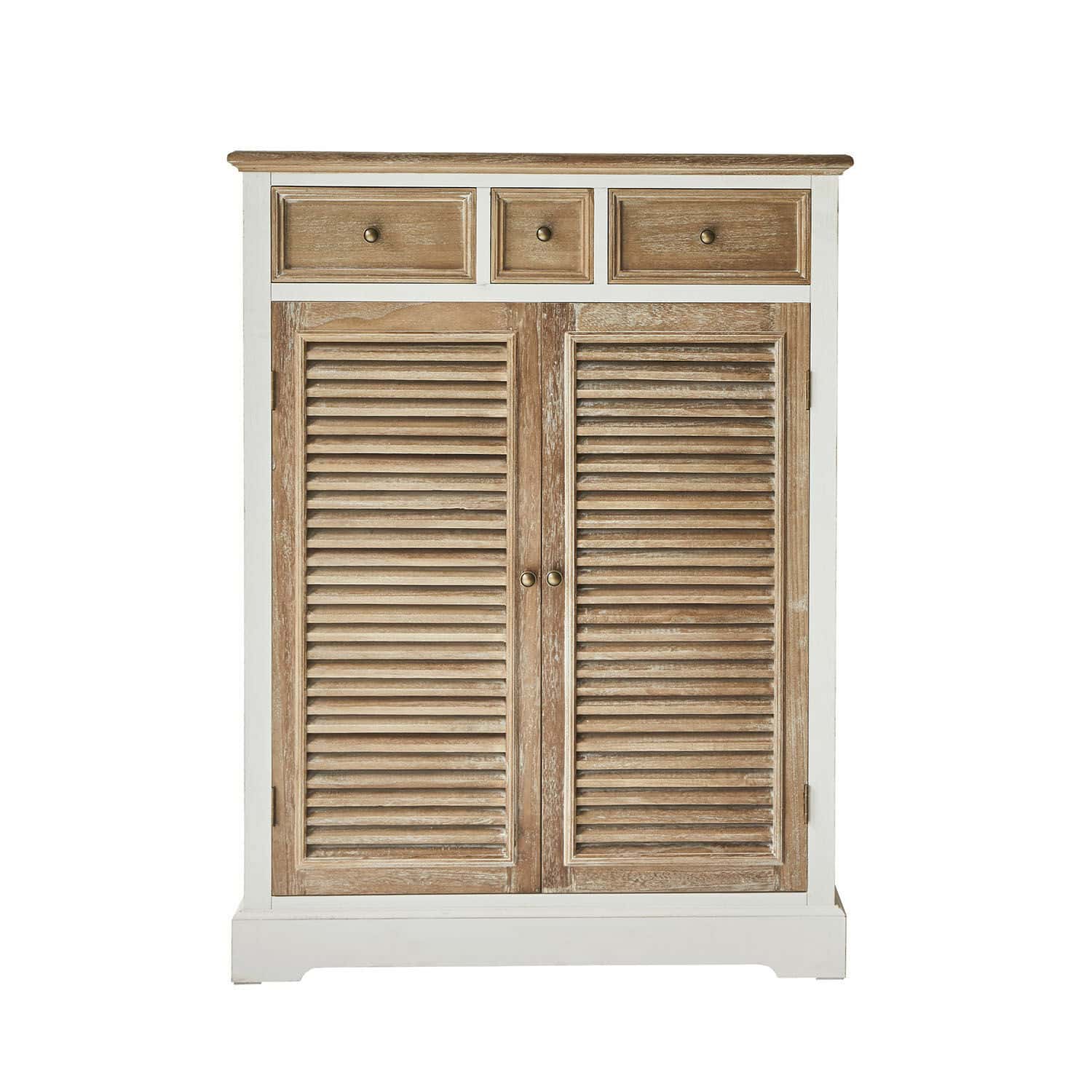 Credenza bassa Lourmante Comò in legno con cornice bianca, tre cassetti e ante a persiana in colore naturale
