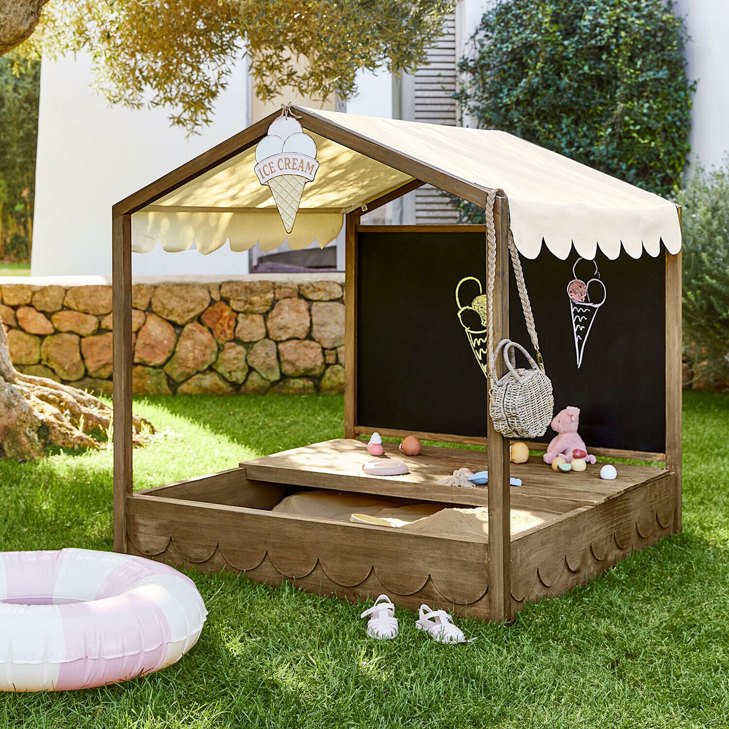 Sabbiera Pavillonet Sabbiere in legno con tetto beige e lavagna, giocattoli e decorazioni gelato per bambini