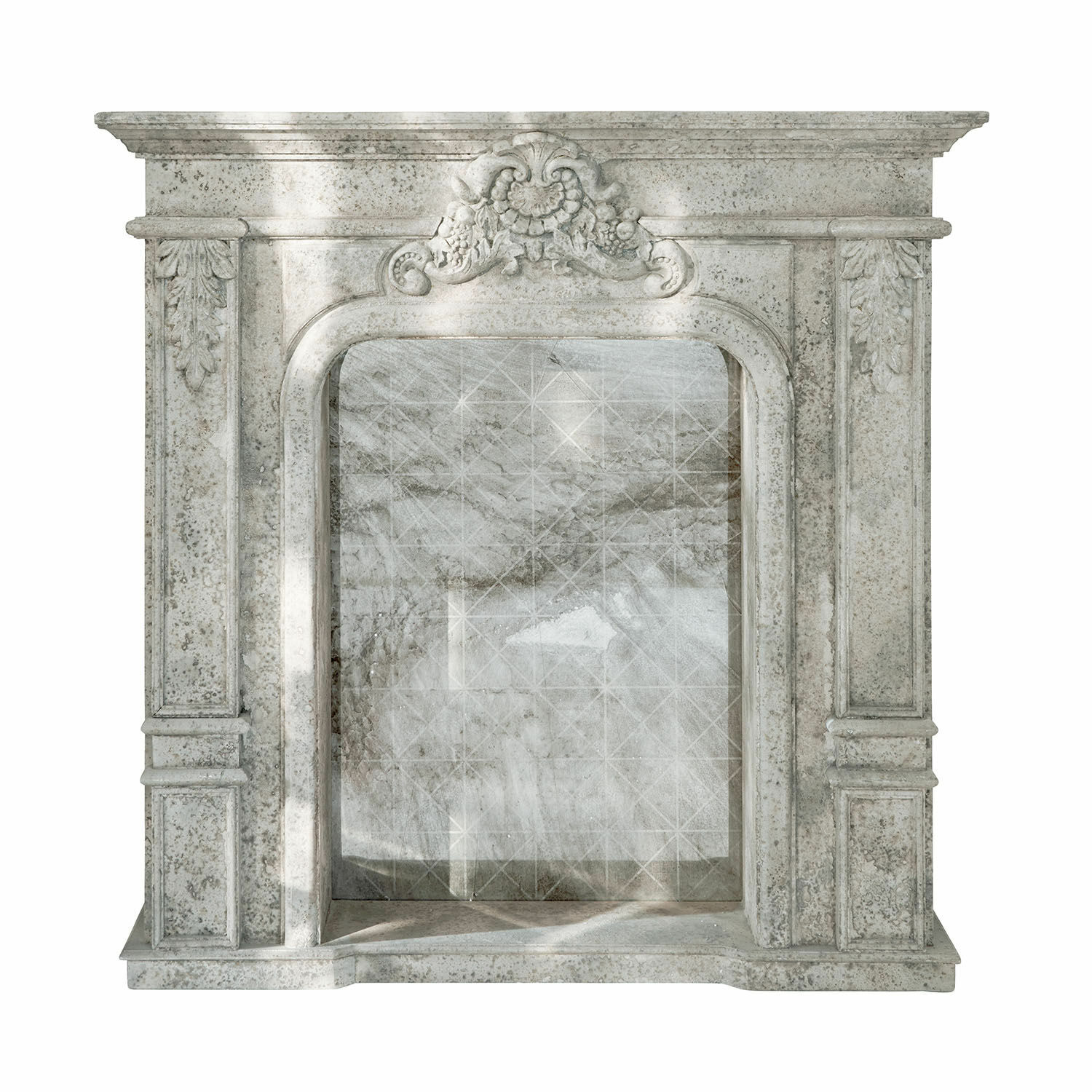 Consolle caminetto Rethonvillers Portale camino classico in marmo chiaro con rilievo decorativo superiore e motivo marmorizzato grigio