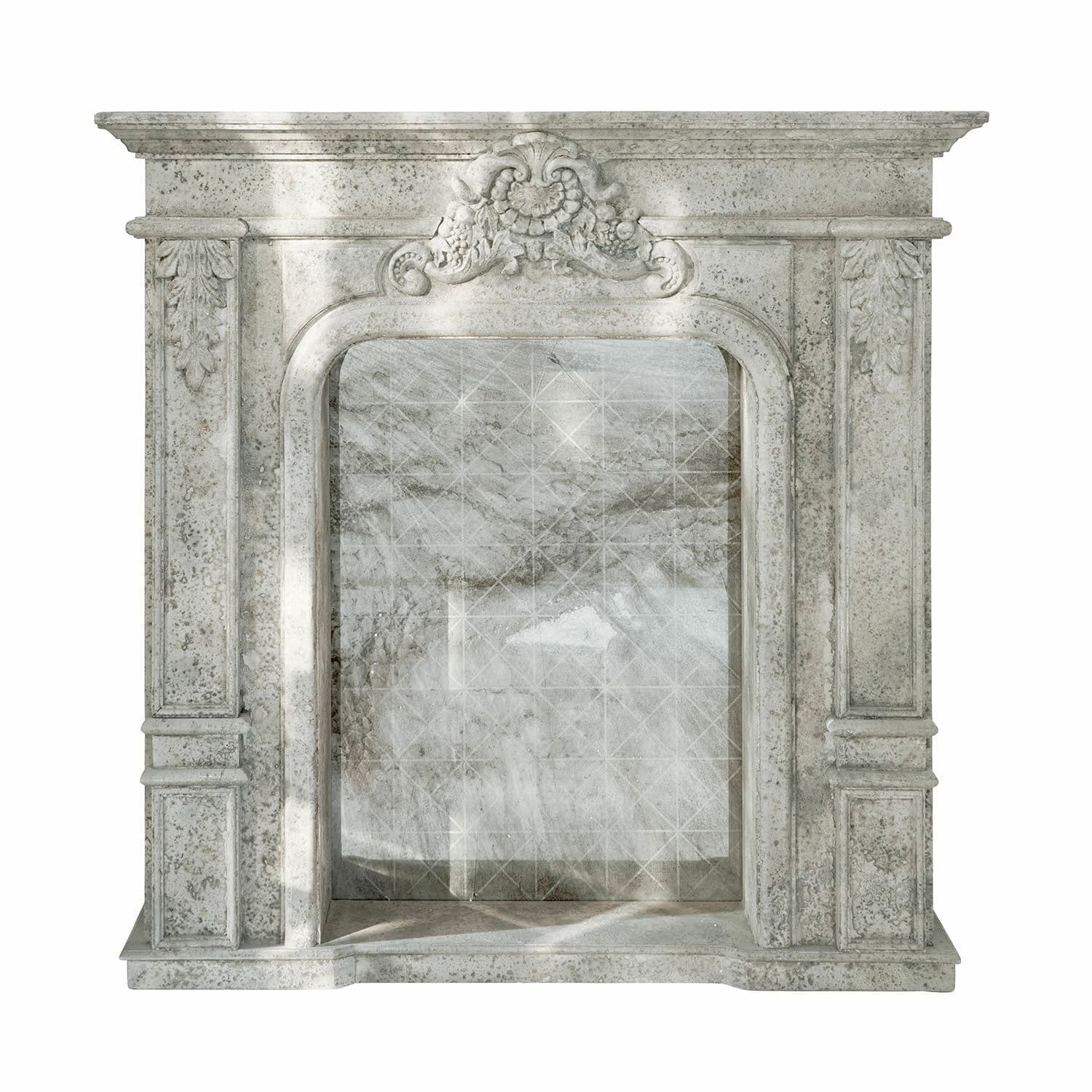 Consolle caminetto Rethonvillers Portale camino classico in marmo chiaro con rilievo decorativo superiore e motivo marmorizzato grigio