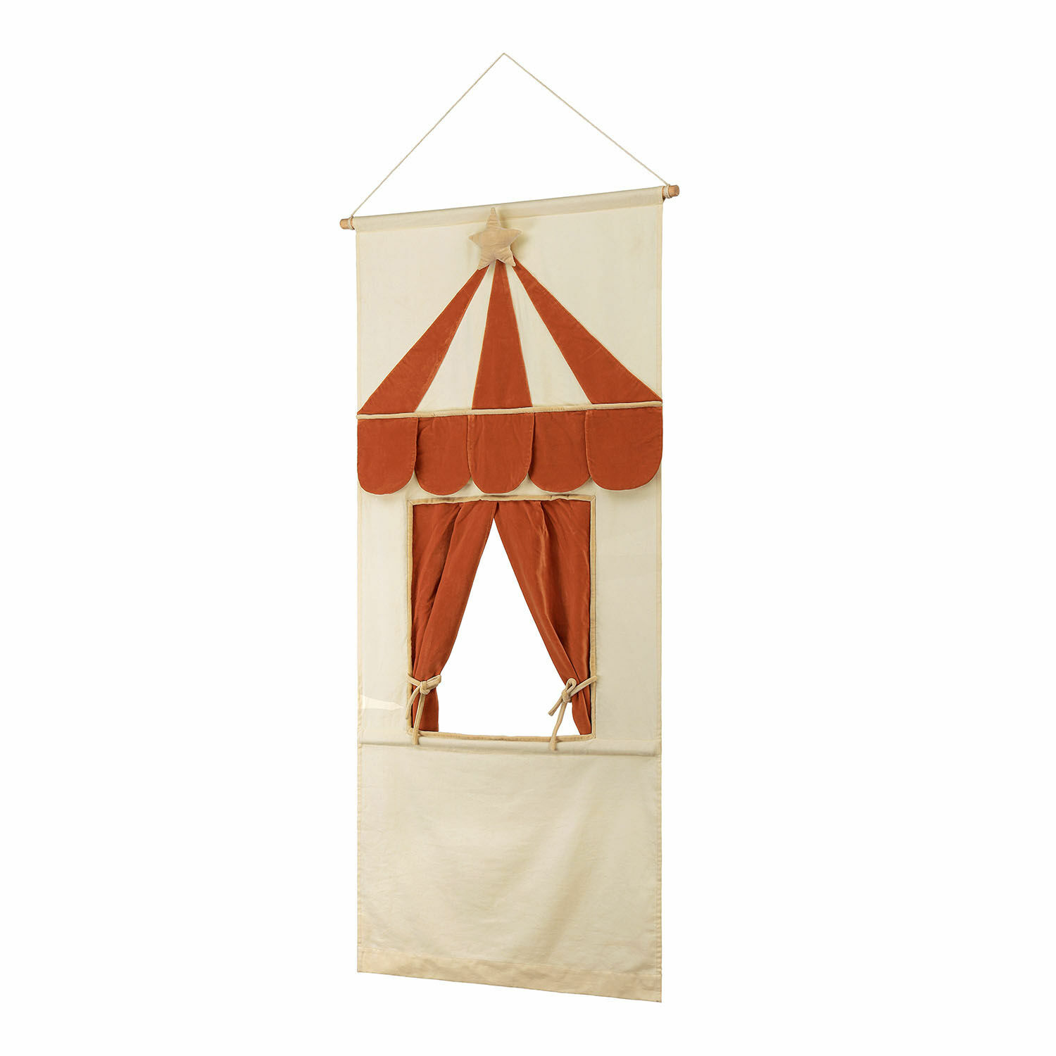 Teatro dei burattini Papillou Tessuto decorativo da parete beige e mattone con stella e tende annodate per decorazione interna