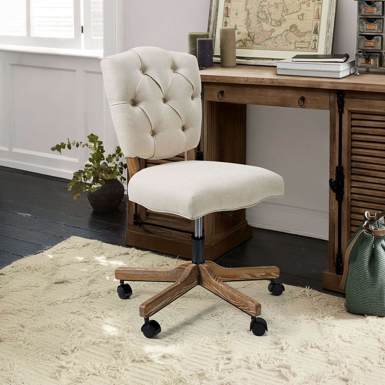 Sedia da scrivania Havenleigh Sedia da ufficio girevole beige con base in legno e ruote, ideale per l'ufficio domestico