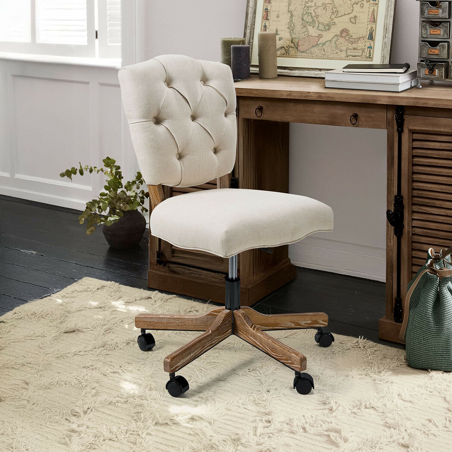 Sedia da scrivania Havenleigh Sedia da ufficio girevole beige con base in legno e ruote, ideale per l'ufficio domestico