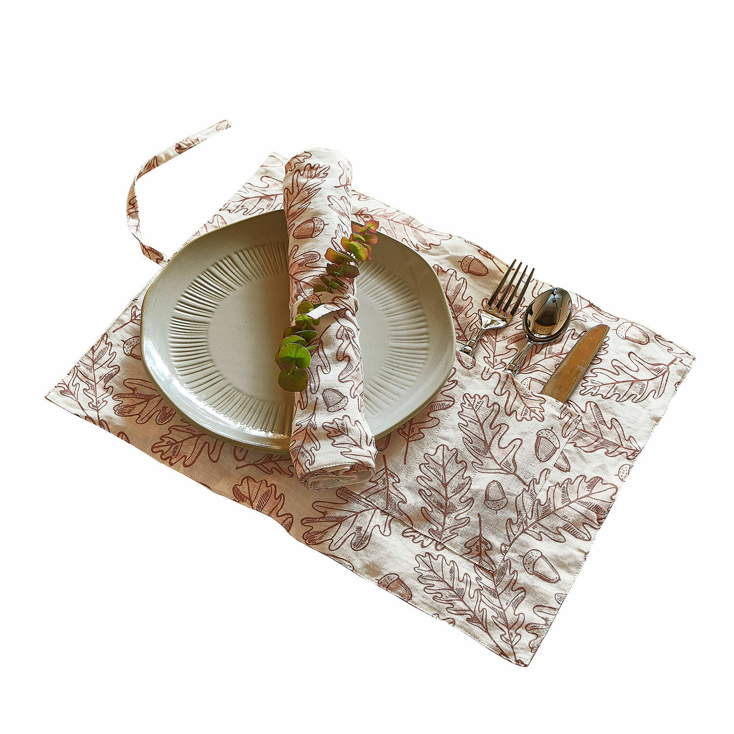 Coppia di tovagliette Qubinal Set da tavola in lino con motivo di foglie di quercia e posate in colori naturali