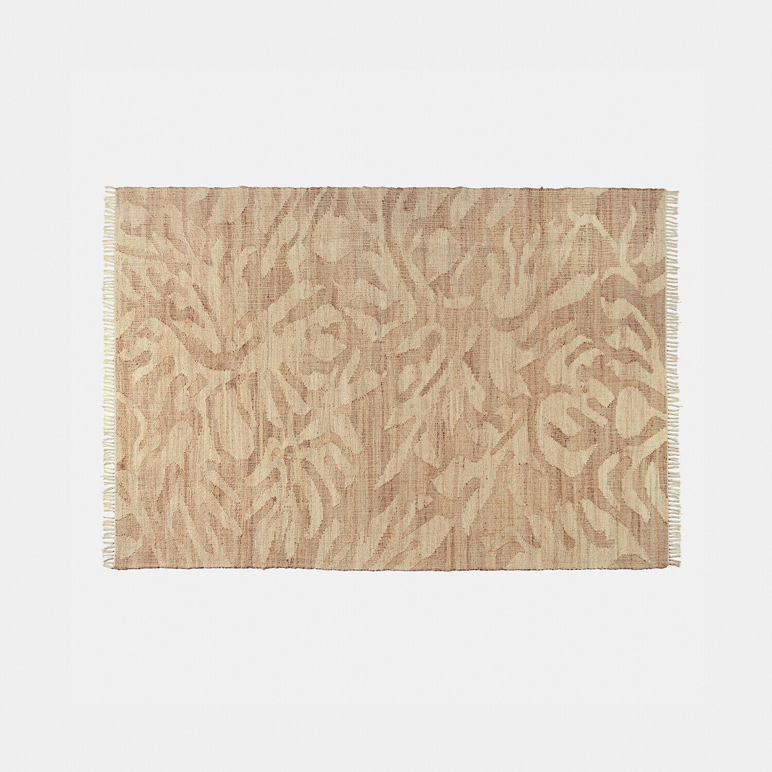 Tappeto beige in materiale naturale con motivo delicato e frange ai lati, decorazione per interni