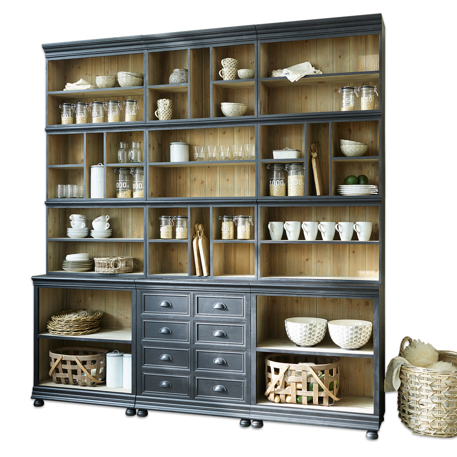 Credenza Shrewsbury Grande armadio in legno grigio e naturale con cassetti e ripiani per conservazione in cucina