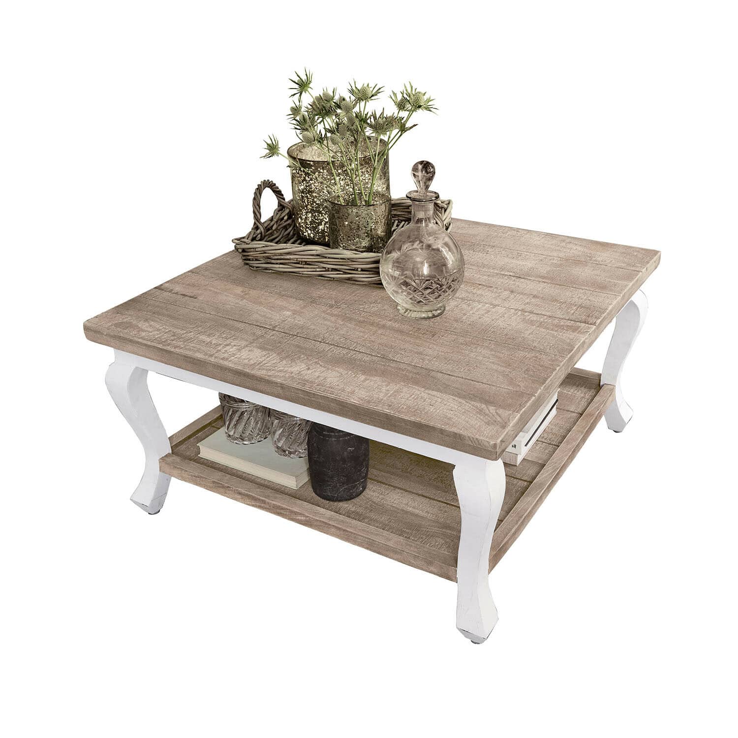 Tavolino da salotto Riverside Tavolino quadrato in legno con gambe bianche, decorazione e ripiano inferiore per libri