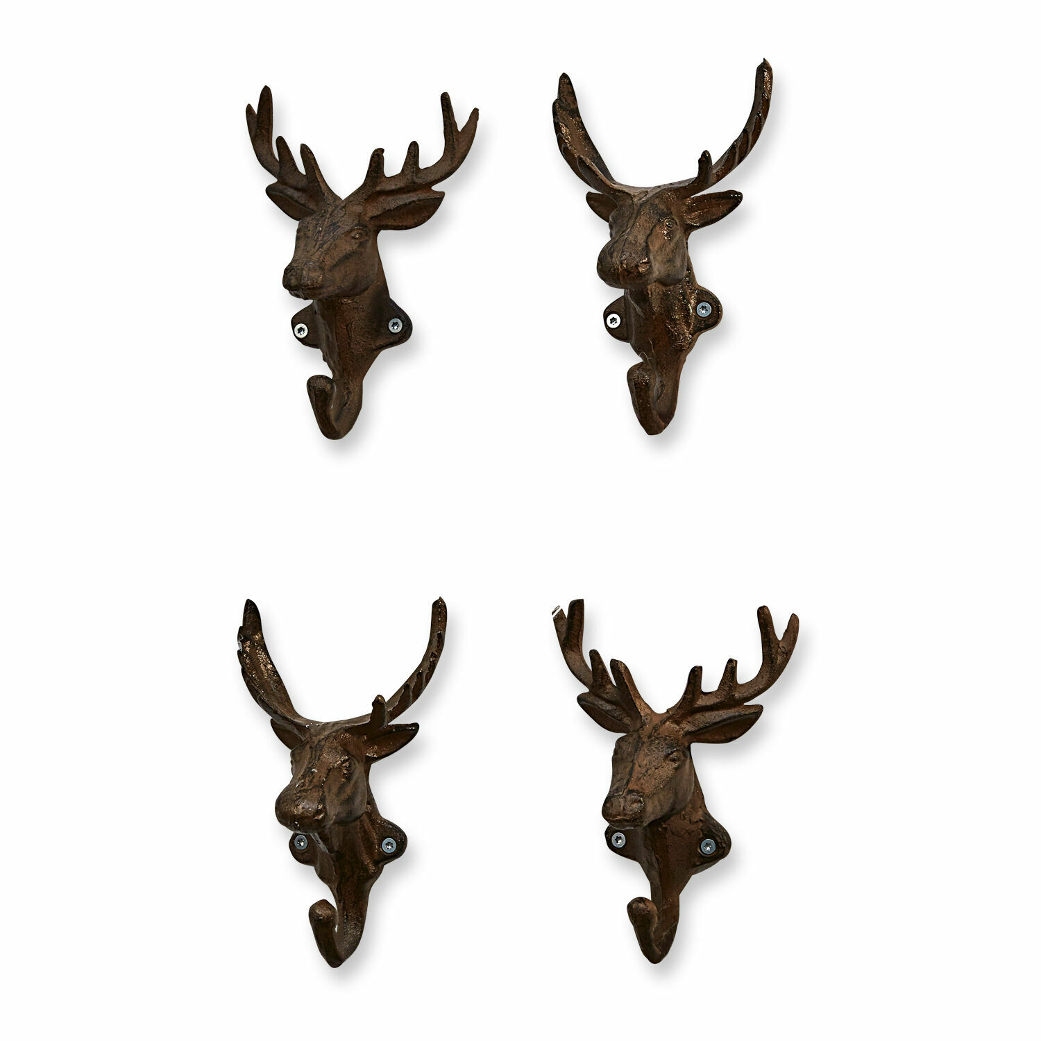 Set di 4 ganci Deer Set di quattro appendini da parete in metallo marrone a forma di testa di cervo per decorazione