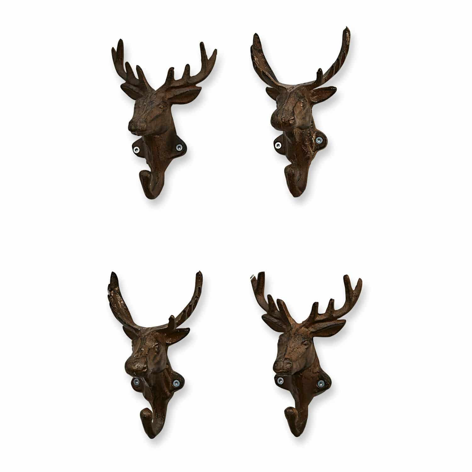 Set di 4 ganci Deer Set di quattro appendini da parete in metallo marrone a forma di testa di cervo per decorazione