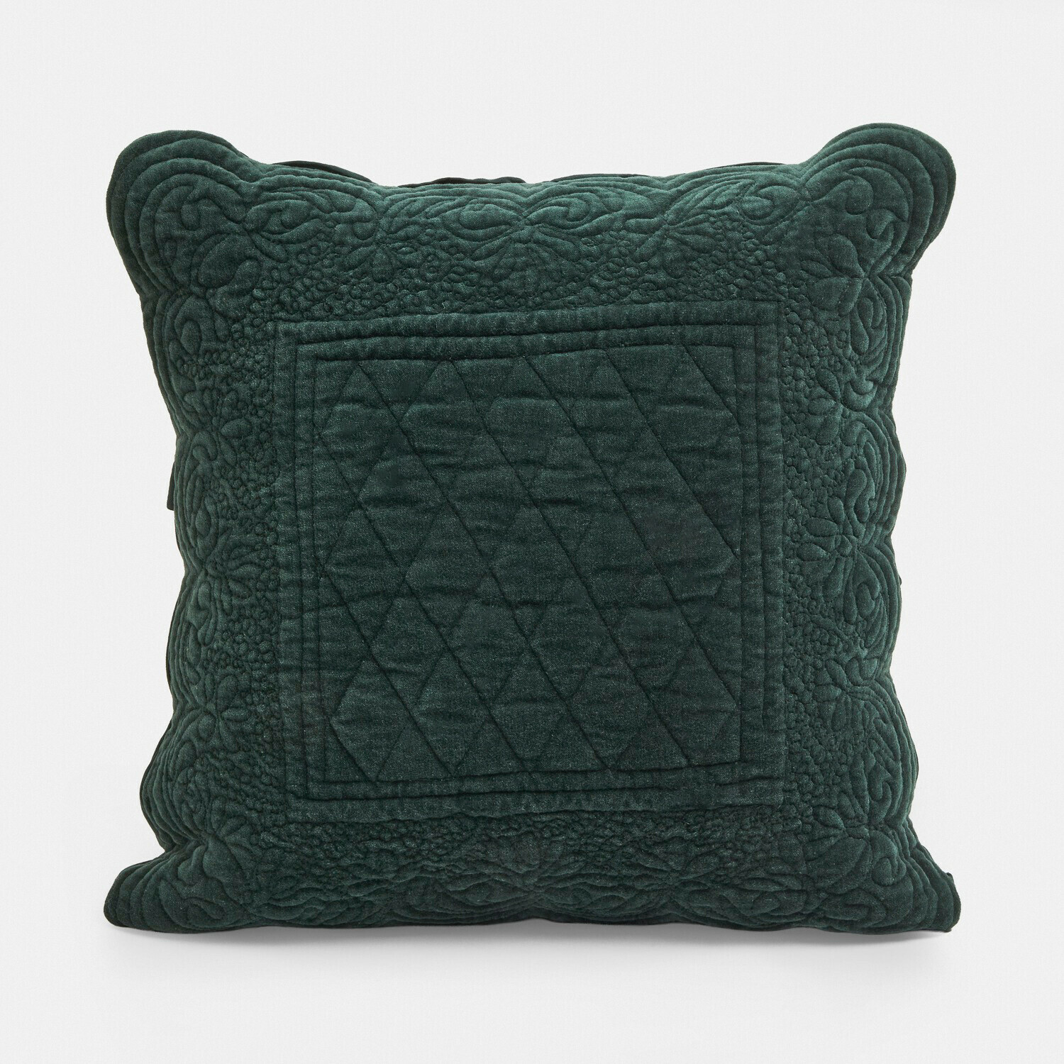 Cuscino verde in velluto con motivo trapuntato e bordo decorativo, accessorio per la casa