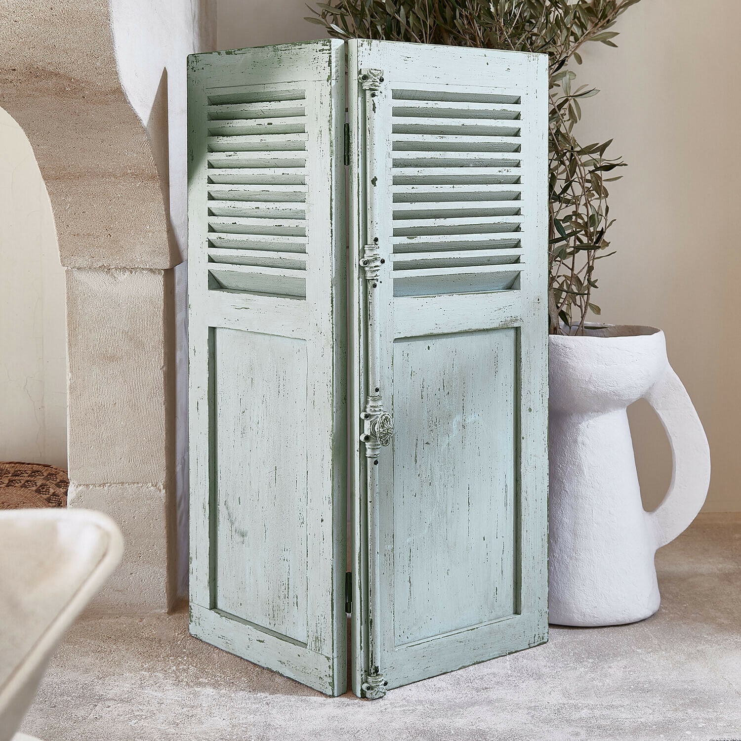 Pannello decorativo Rønska Paravento in legno vintage a due ante verde chiaro per decorazione d'interni elegante