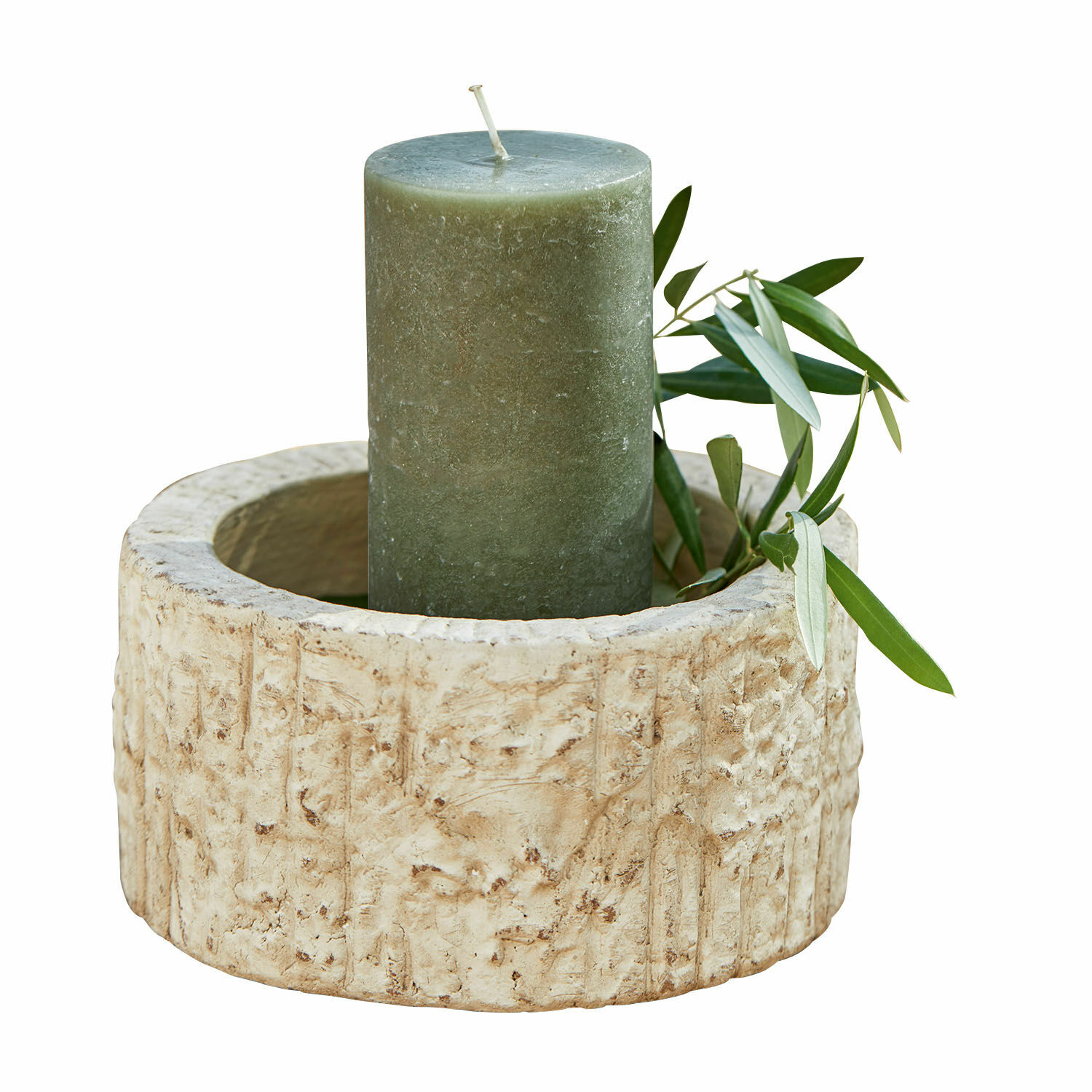 Ciotola Continas Candela verde con foglia naturale in portacandela beige strutturato in pietra decorativa