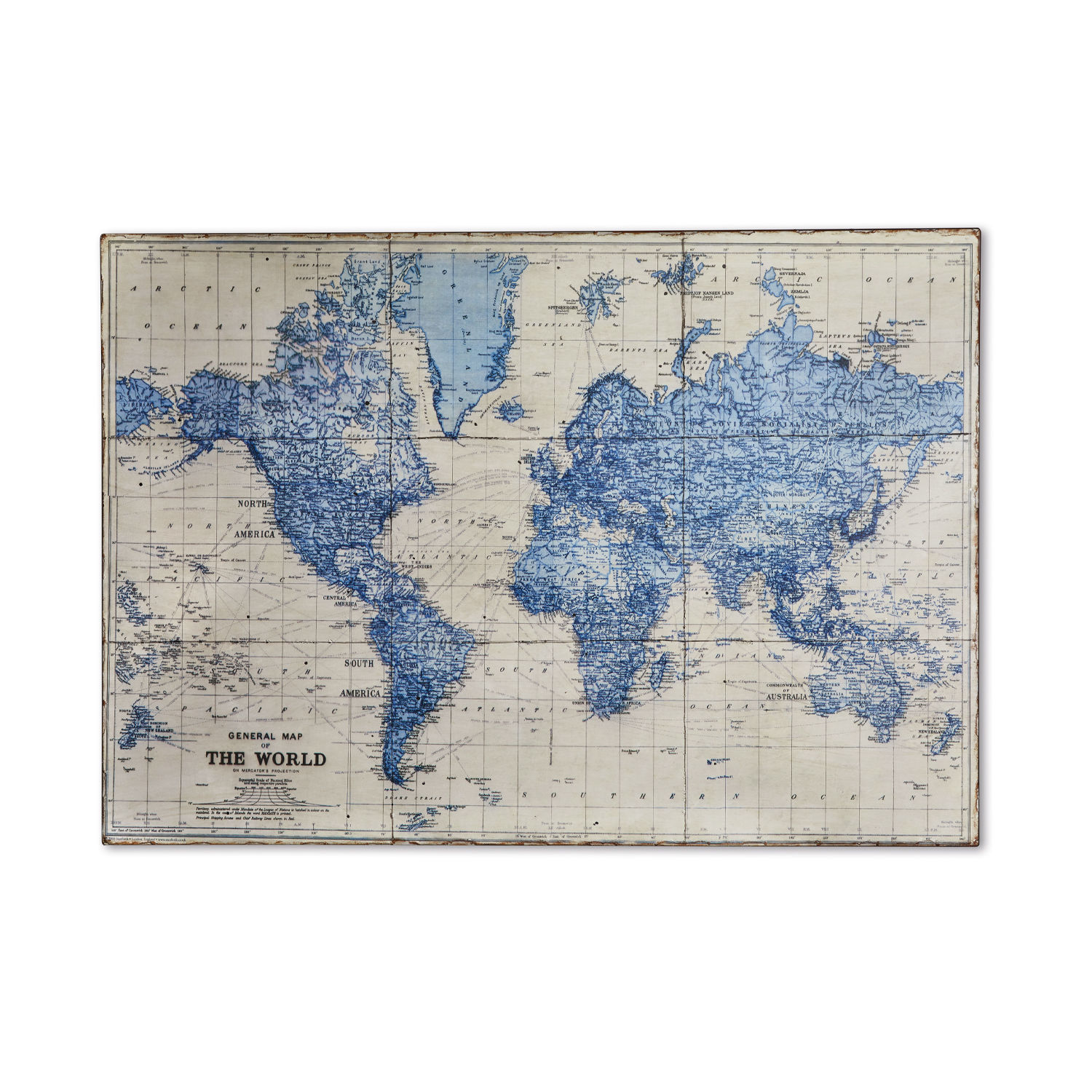 turchese Mappa vintage del mondo con contorni turchesi su sfondo beige, decorazione da parete
