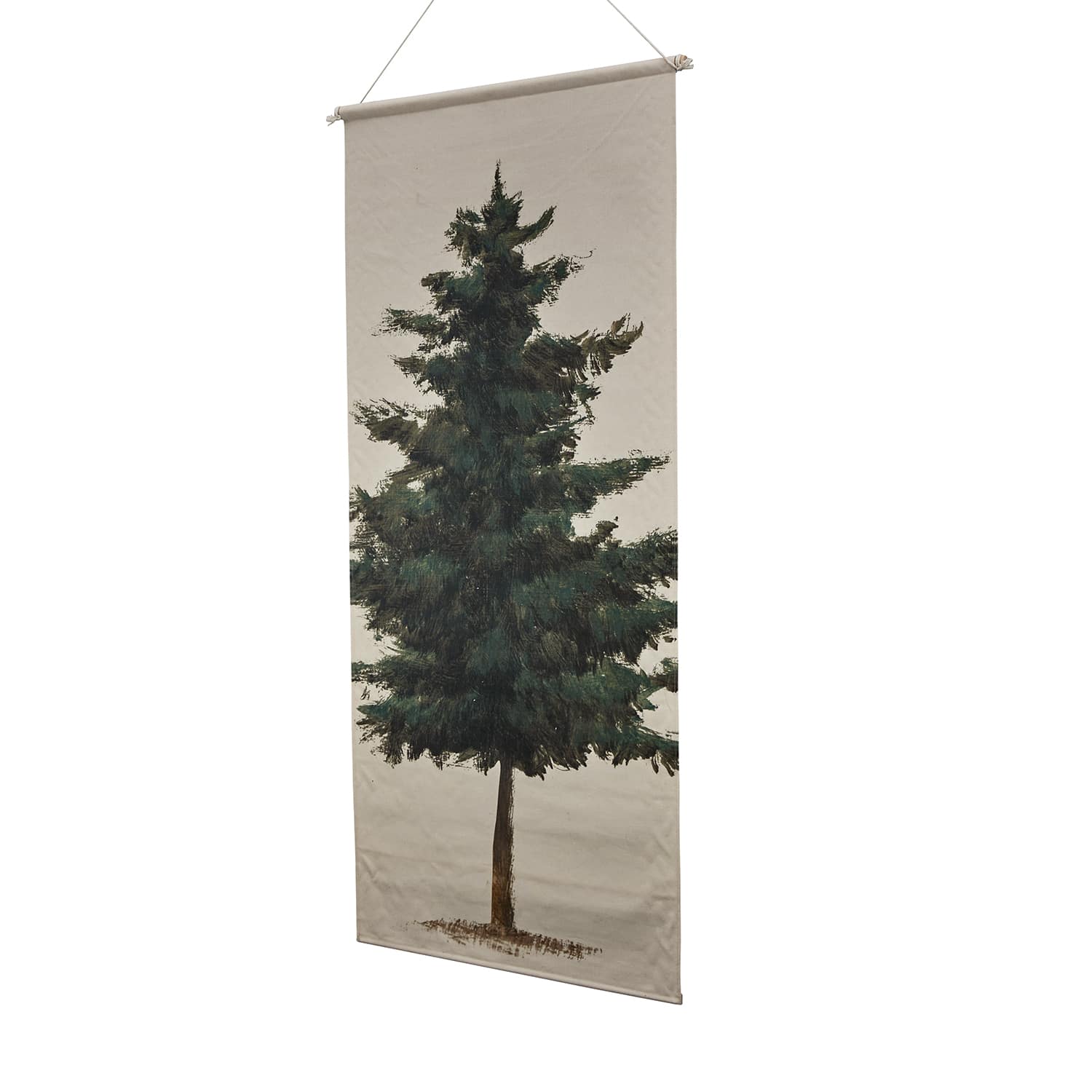 Quadro appeso in tela con albero di pino verde su sfondo beige per decorazione d'interni